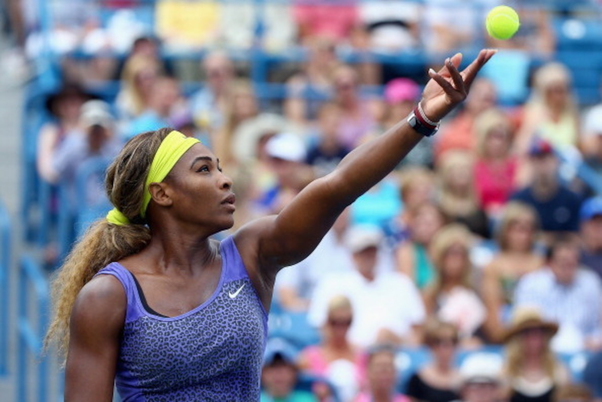 Serena Williams prepares to serve during the final of the  2014 Western & Southern Open in Cincinnati.