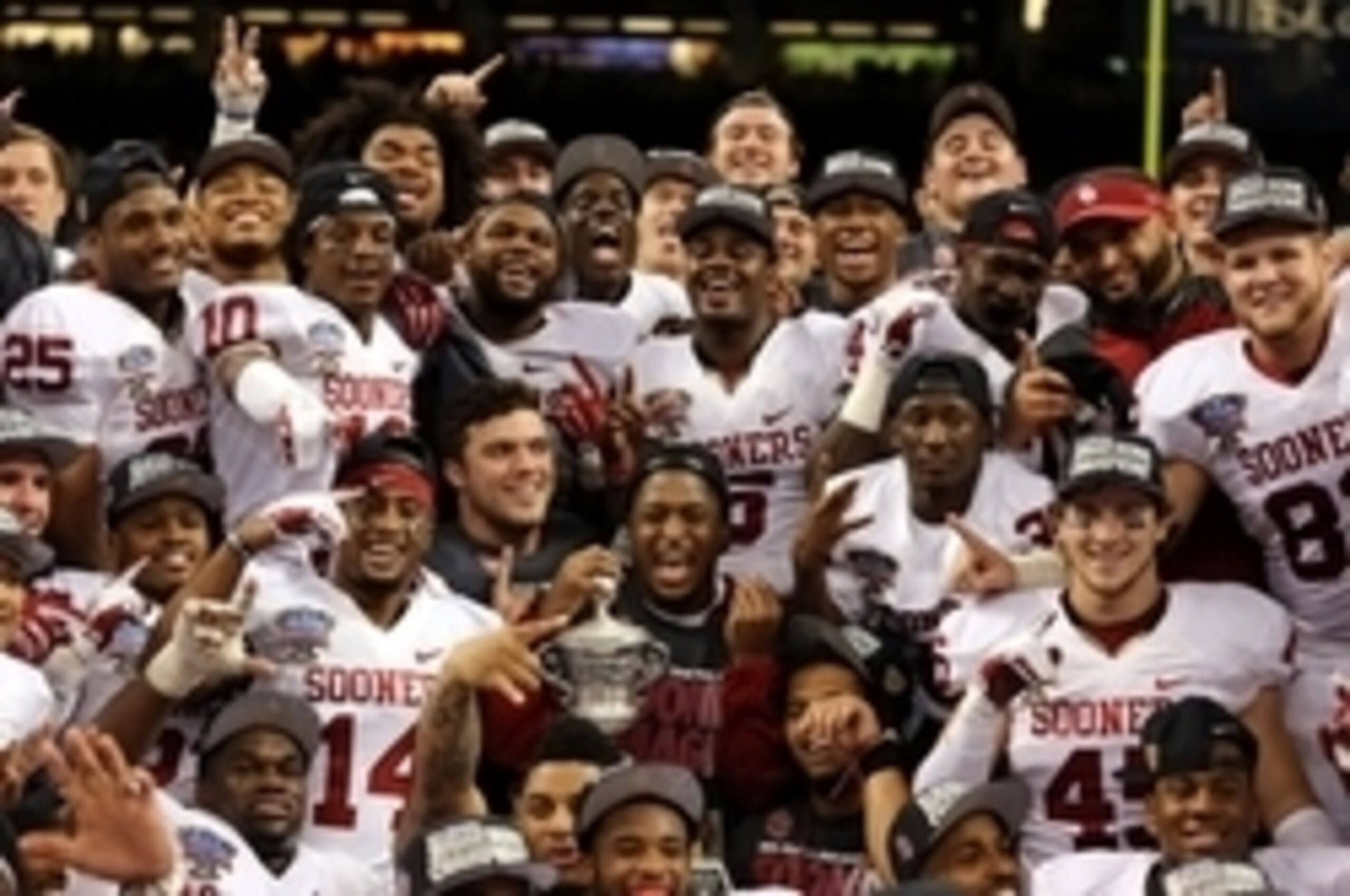 The Oklahoma Sooners celebrate their Sugar Bowl victory over Alabama. The Oklahoma Sooners celebrate their Sugar Bowl victory over Alabama.