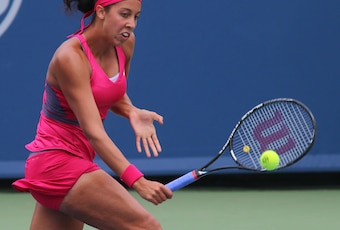 Madison Keys hits a backhand during a match at the Western & Southern Open in Cincinnati.