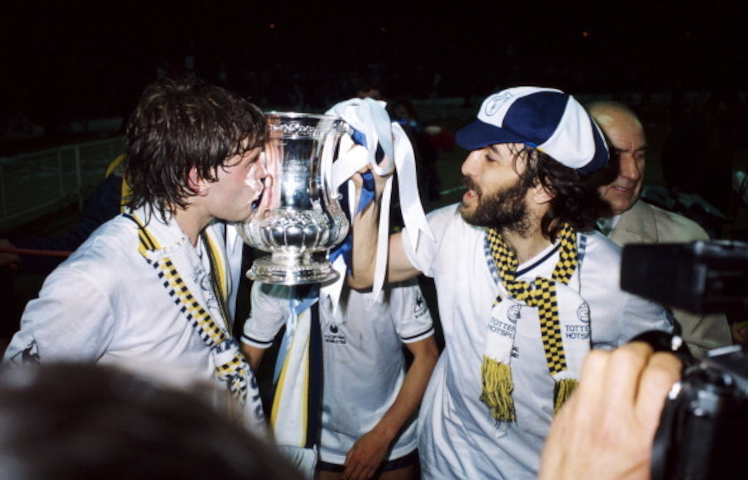 Hoddle celebrates winning the 1981 FA Cup with Ricky Villa.