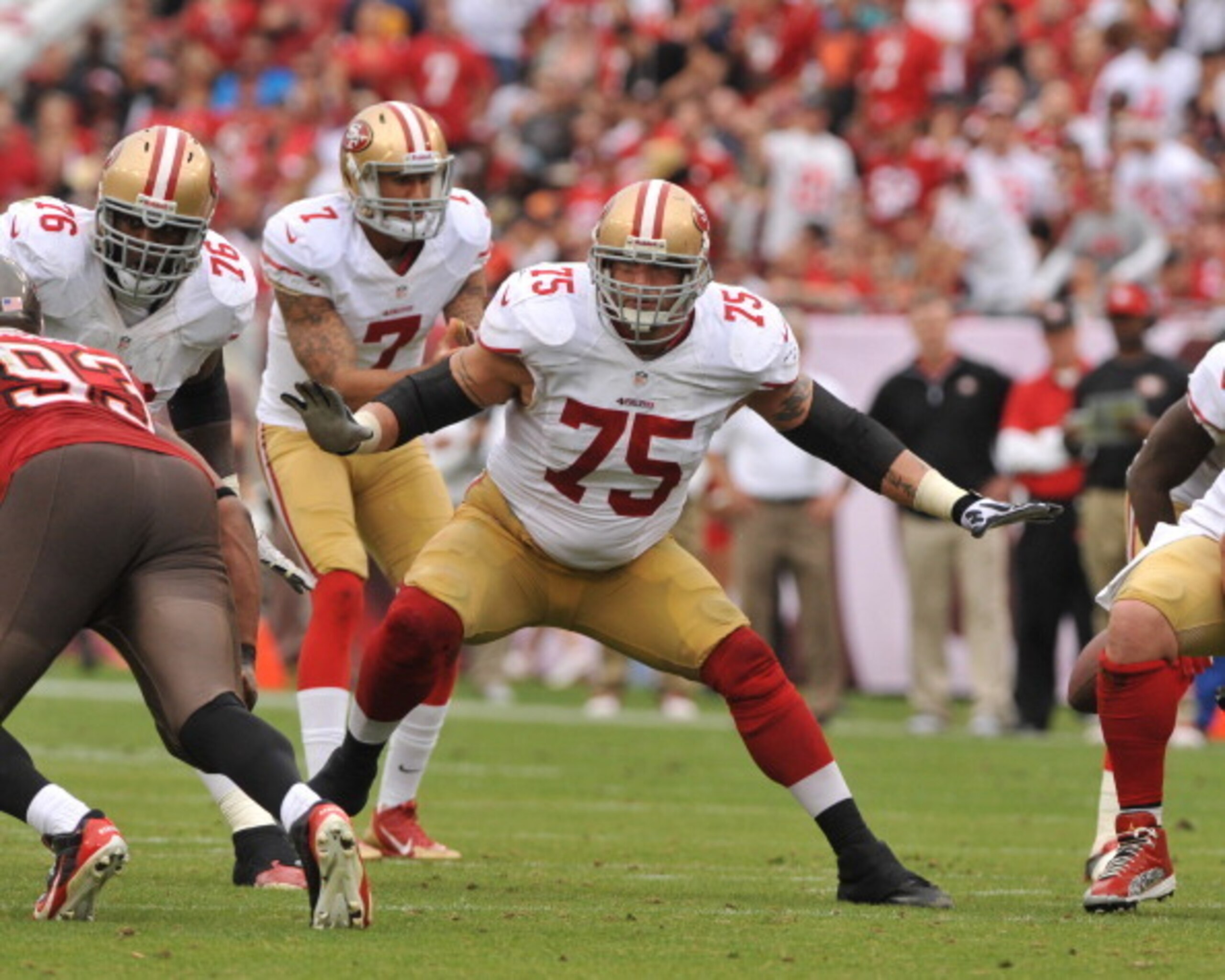TAMPA, FL -  DECEMBER 15:  Guard Alex Boone #75 of the San Francisco 49ers sets to block against the Tampa Bay Buccaneers December 15, 2013 at Raymond James Stadium in Tampa, Florida. (Photo by Al Messerschmidt/Getty Images)