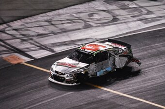 A battered and beat-up No. 88 car driven by Dale Earnhardt Jr.
