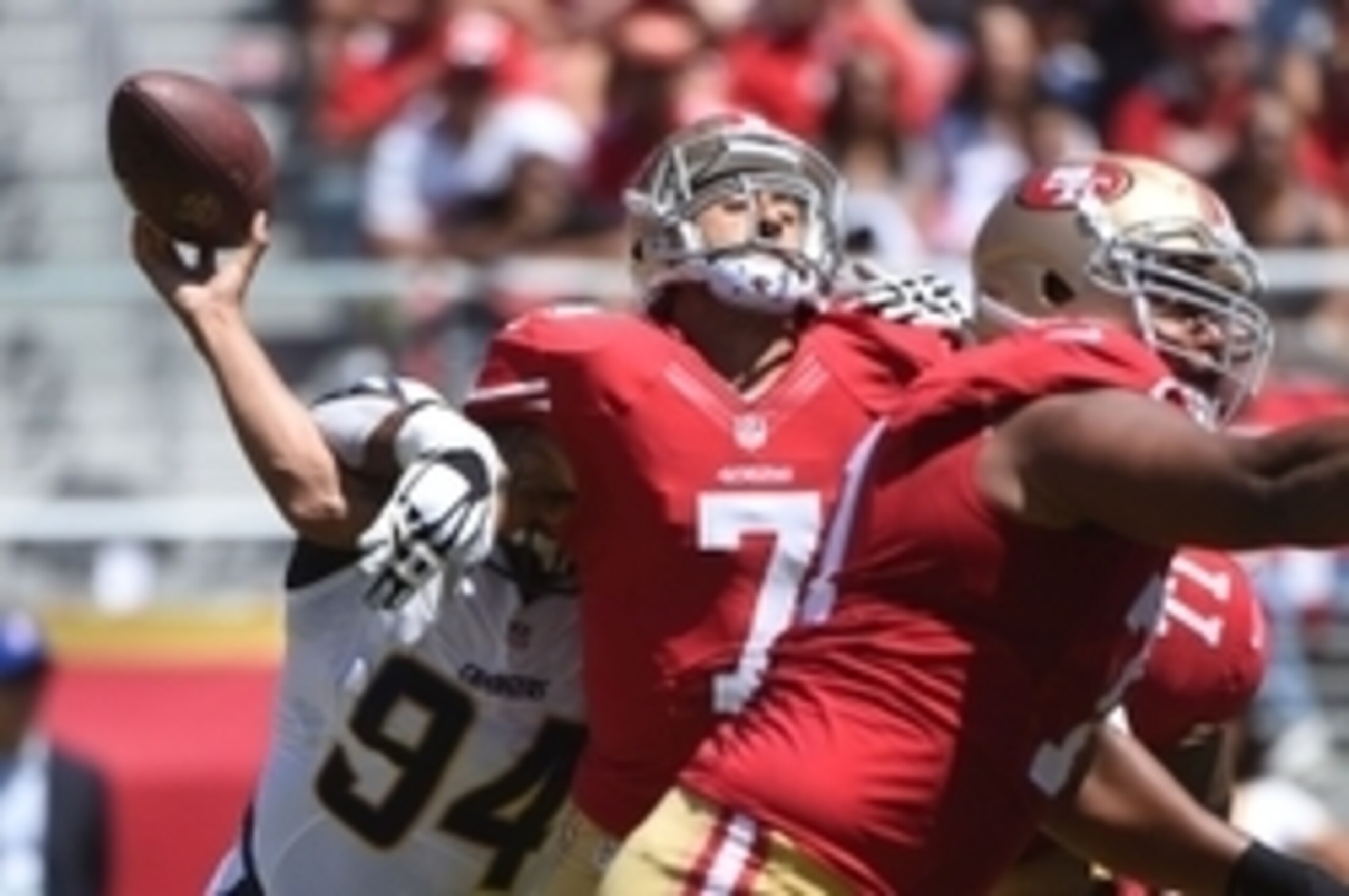 Colin Kaepernick loses the football on this hit by Corey Liuget of the Chargers.