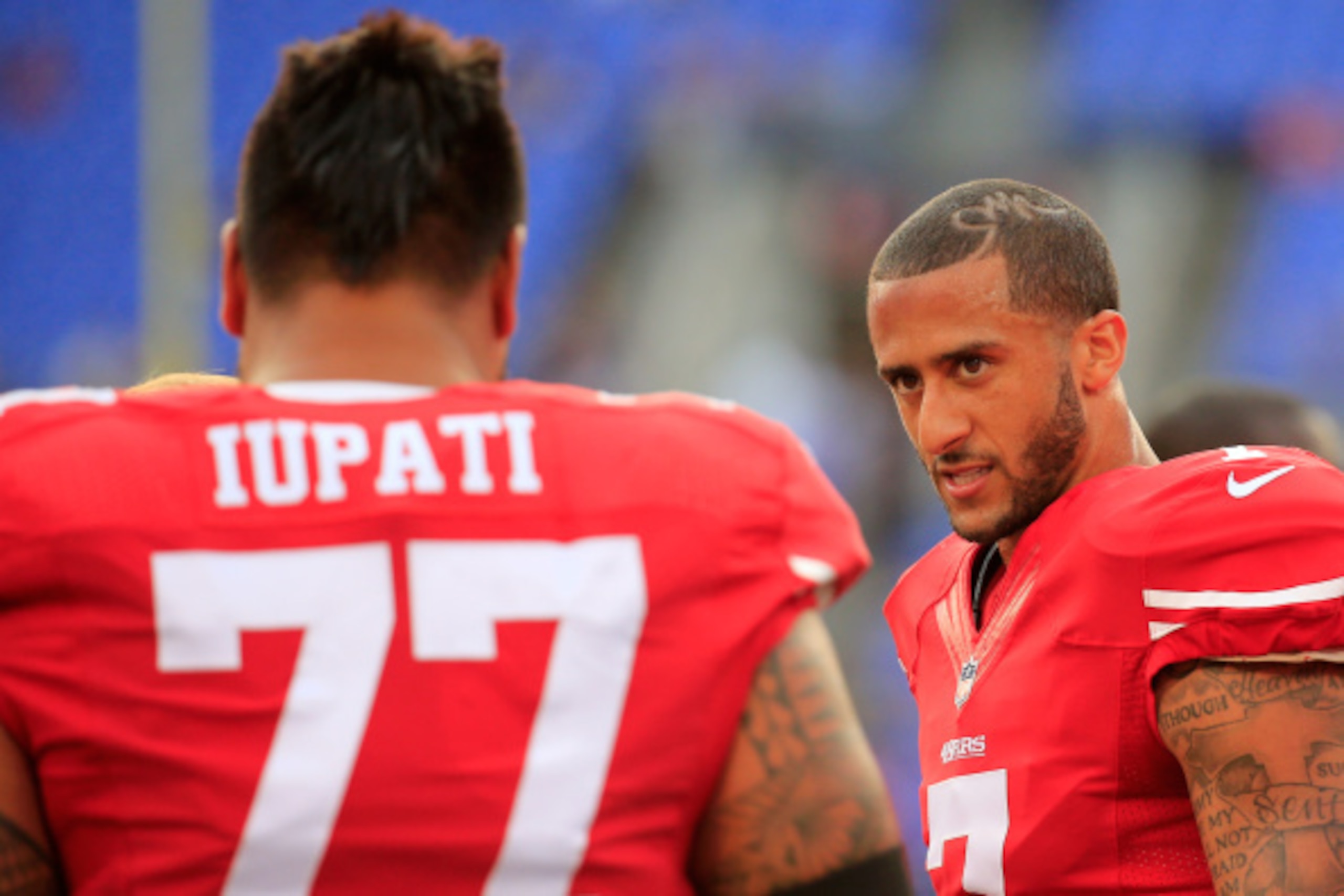 Guard Mike Iupati was beat often on Sunday, forcing quarterback Colin Kaepernick (right) to frequently evacuate the pocket.