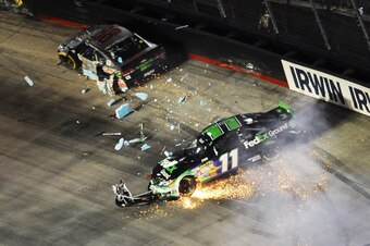 No wonder Denny Hamlin was mad after Kevin Harvick caused this wreck at Bristol.