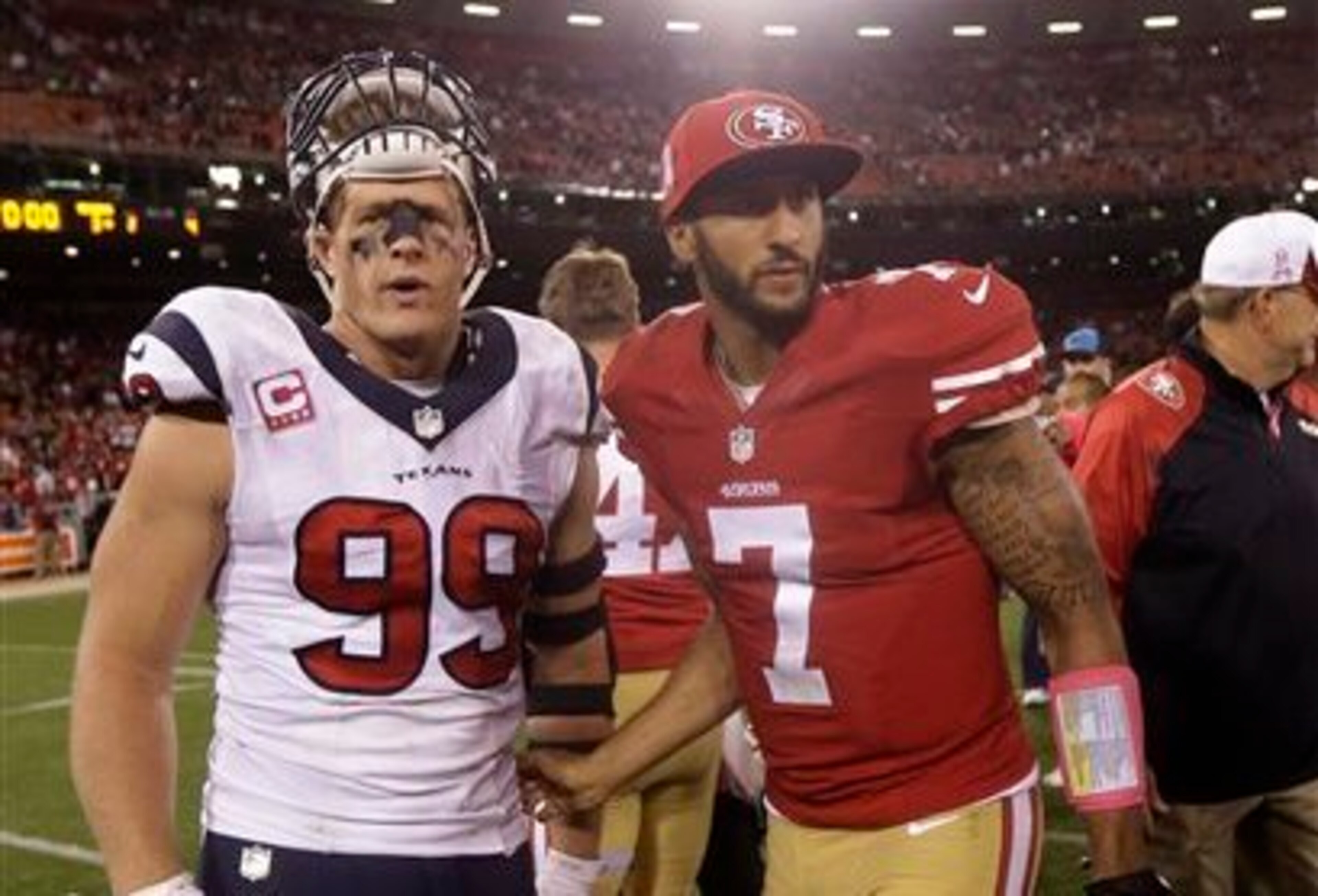 Linebacker J.J. Watt (left) and quarterback Colin Kaepernick (right) may only get a handful of chances to square off on Thursday.