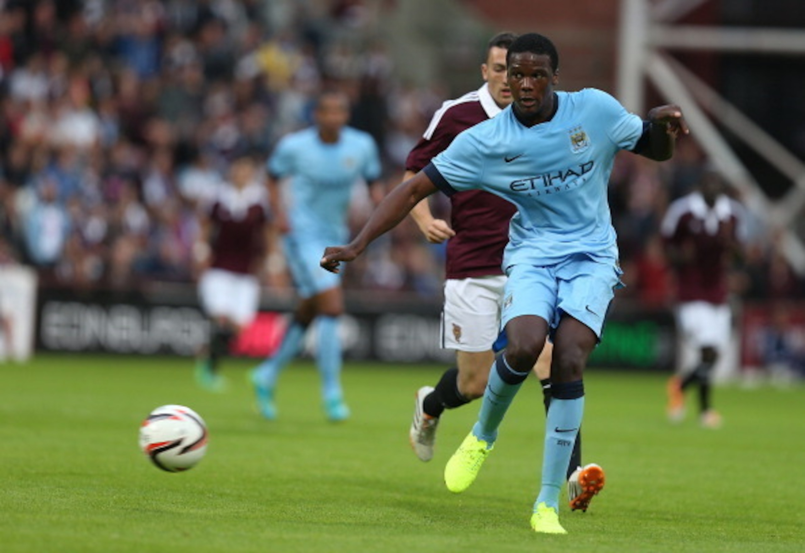 EDINBURGH, SCOTLAND - JULY 18:  Dedryck Boyata of Manchester City in action during the Pre Season Friendly match between Hearts and Manchester City at Tyncastle Stadium on July 18, 2014 in Edinburgh, Scotland.  (Photo by Pete Norton/Getty Images)