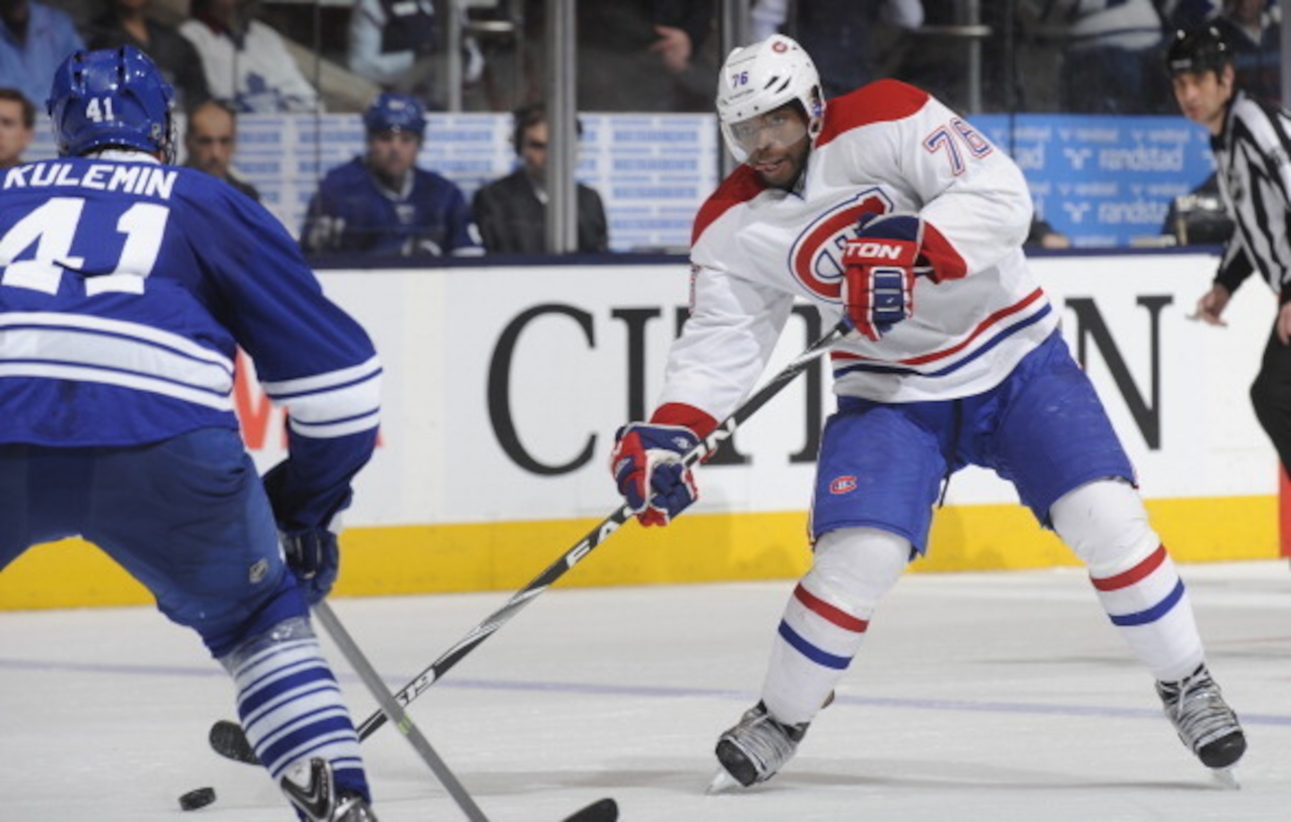 TORONTO, ON - MARCH 22:  Nikolai Kulemin #41 of the Toronto Maple Leafs defends as P.K. Subban #76 of the Montreal Canadiens looks to pass the puck during NHL game action March 22, 2014 at the Air Canada Centre in Toronto, Ontario, Canada. (Photo by Graig