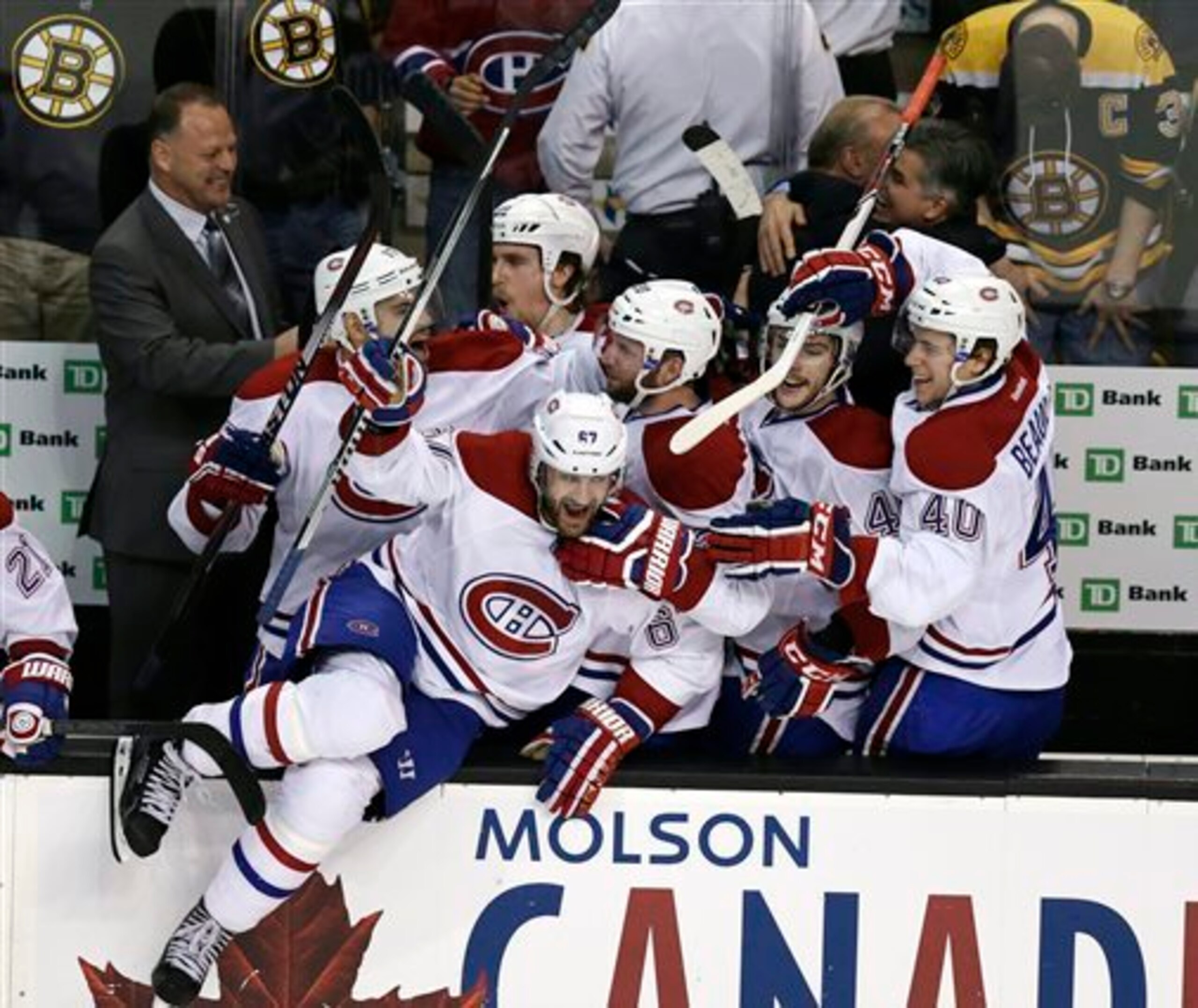 The Montreal Canadiens celebrate after beating the Boston Bruins in the playoffs last season.