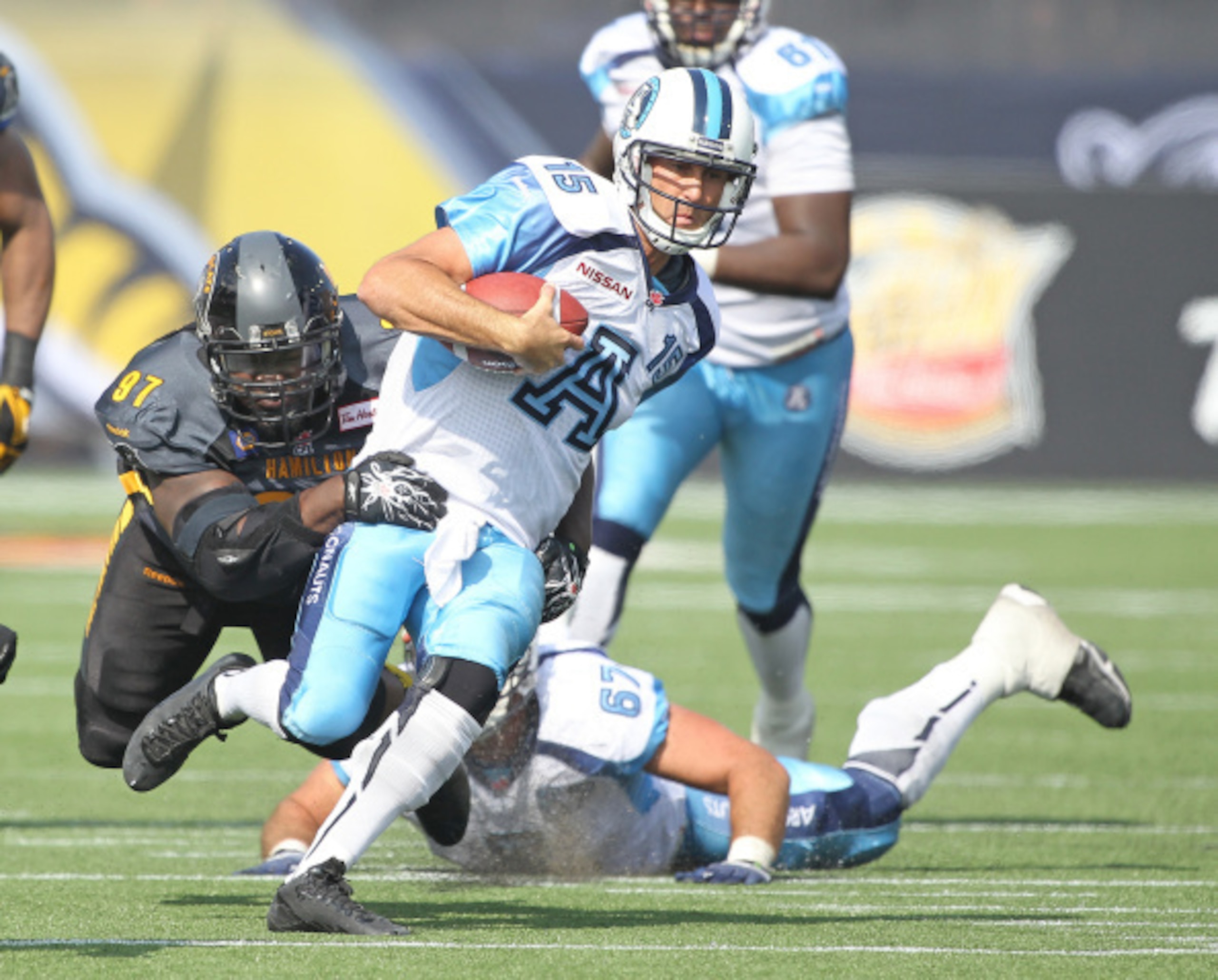 The Toronto Argonauts have maintained a traditional double-blue look.