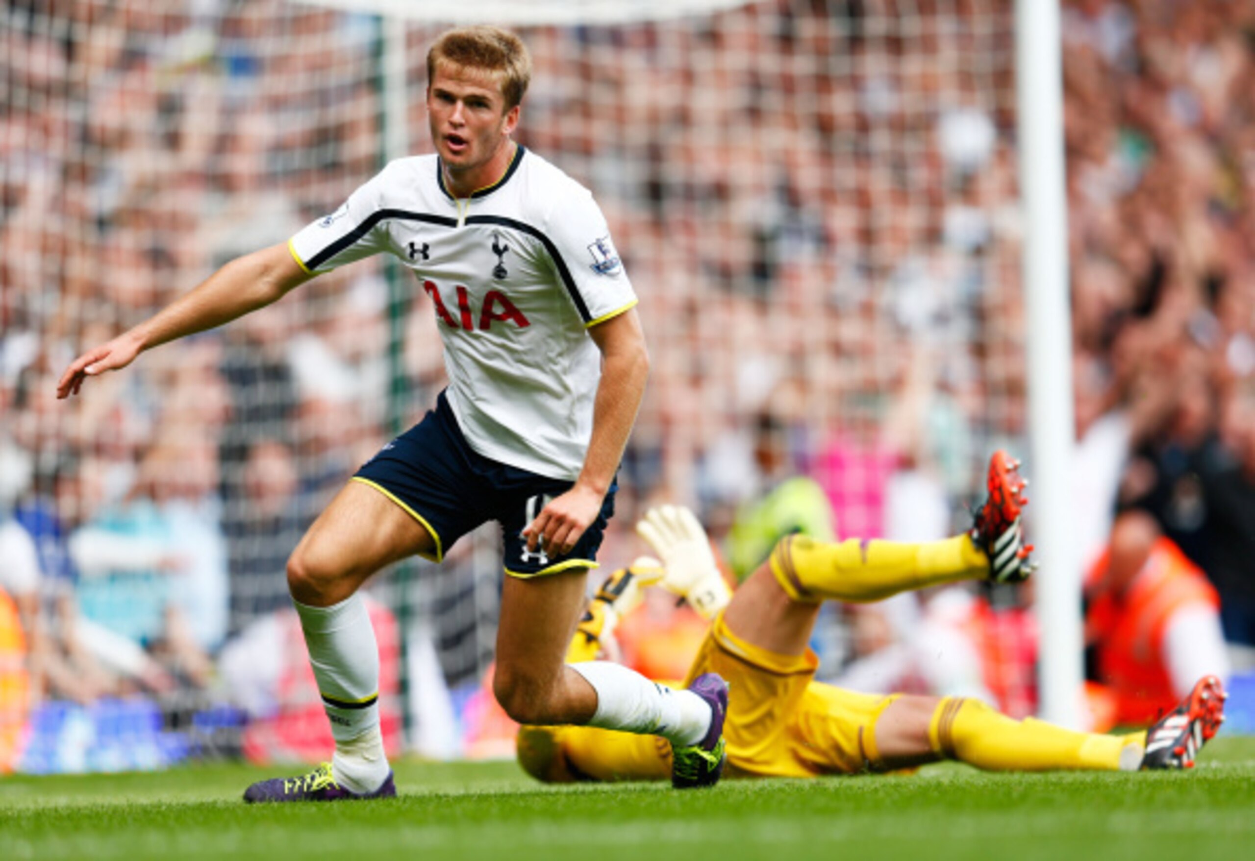 Eric Dier wheels away after scoring Tottenham's winner versus West Ham.