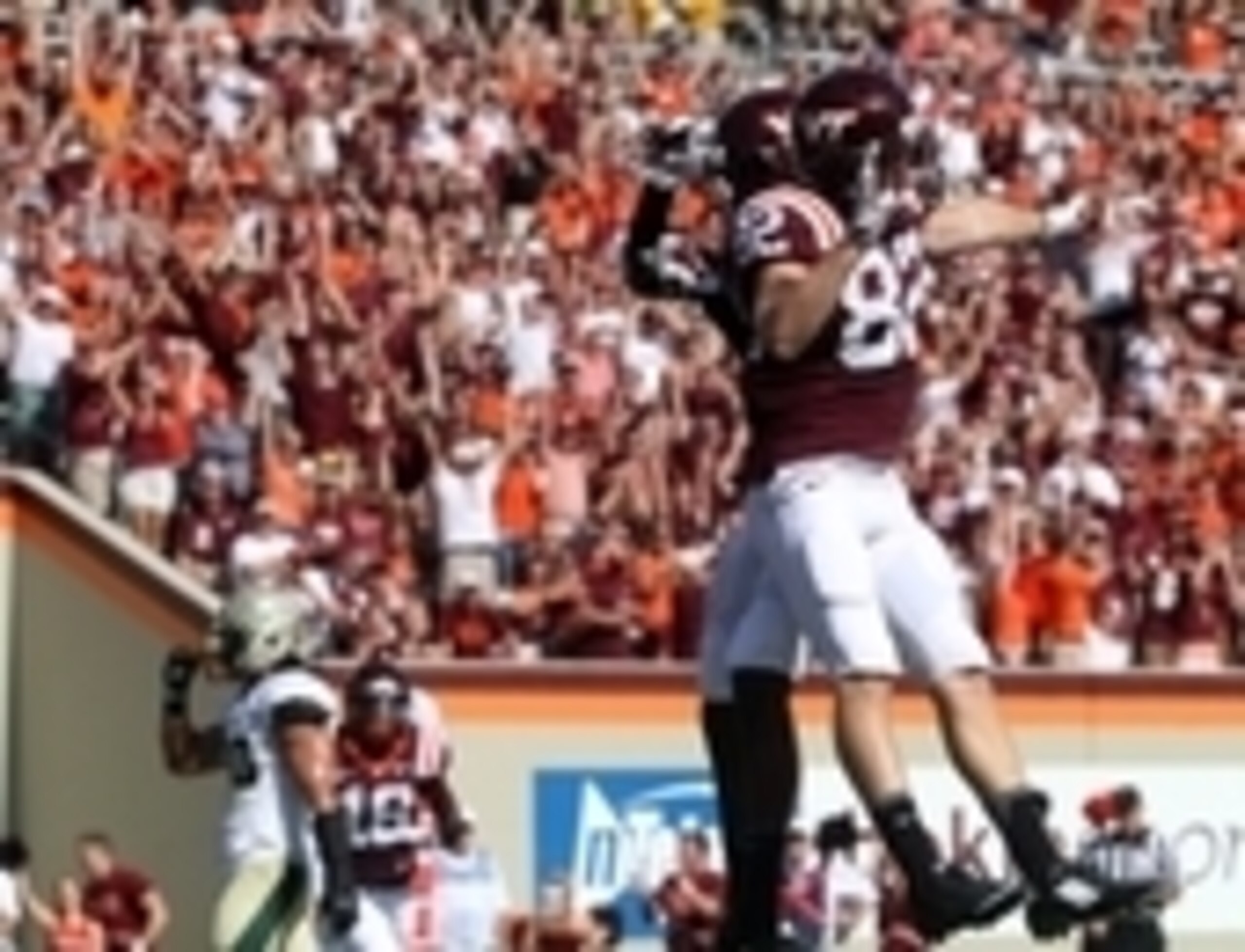 Freshman Isaiah Ford (left) celebrating a touchdown catch in the win over William & Mary