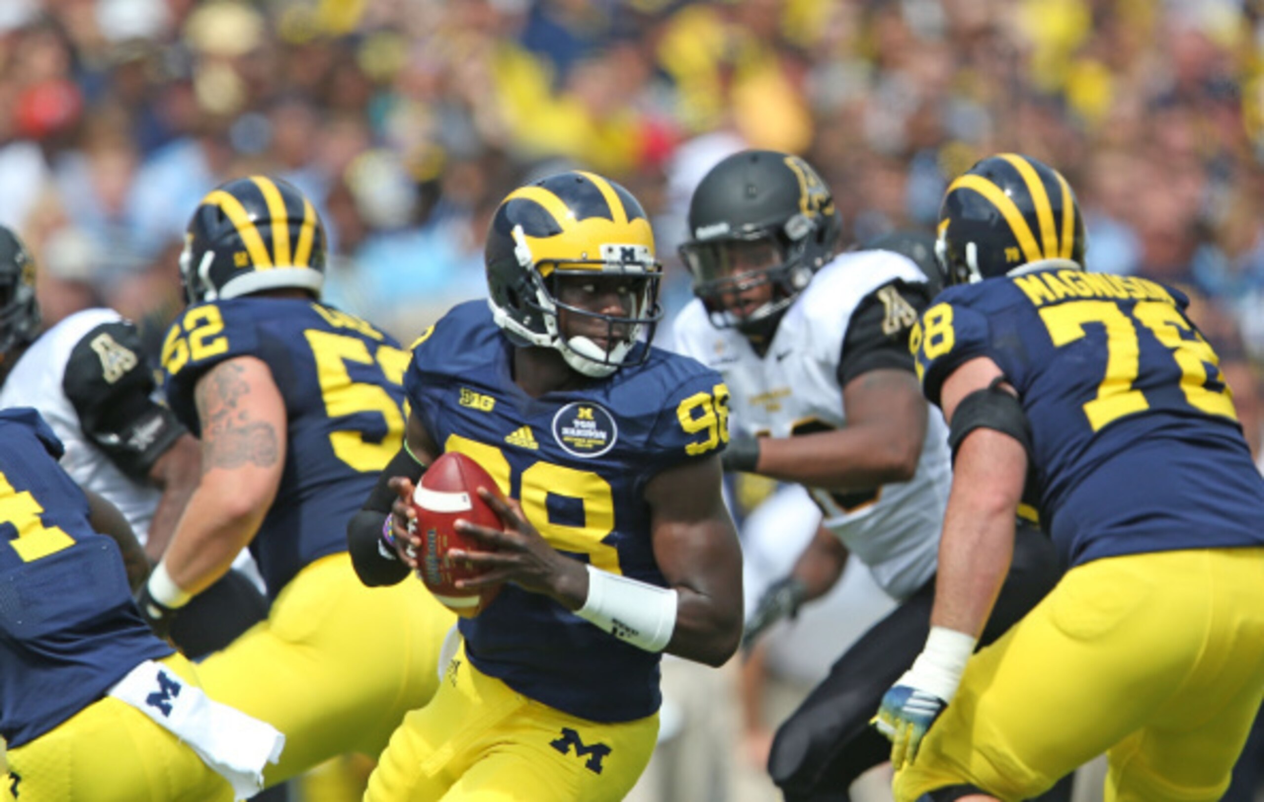 Devin Gardner had time with Mason Cole (No. 52) and Co. anchoring the line. Devin Gardner had time with Mason Cole (No. 52) and Co. anchoring the line.