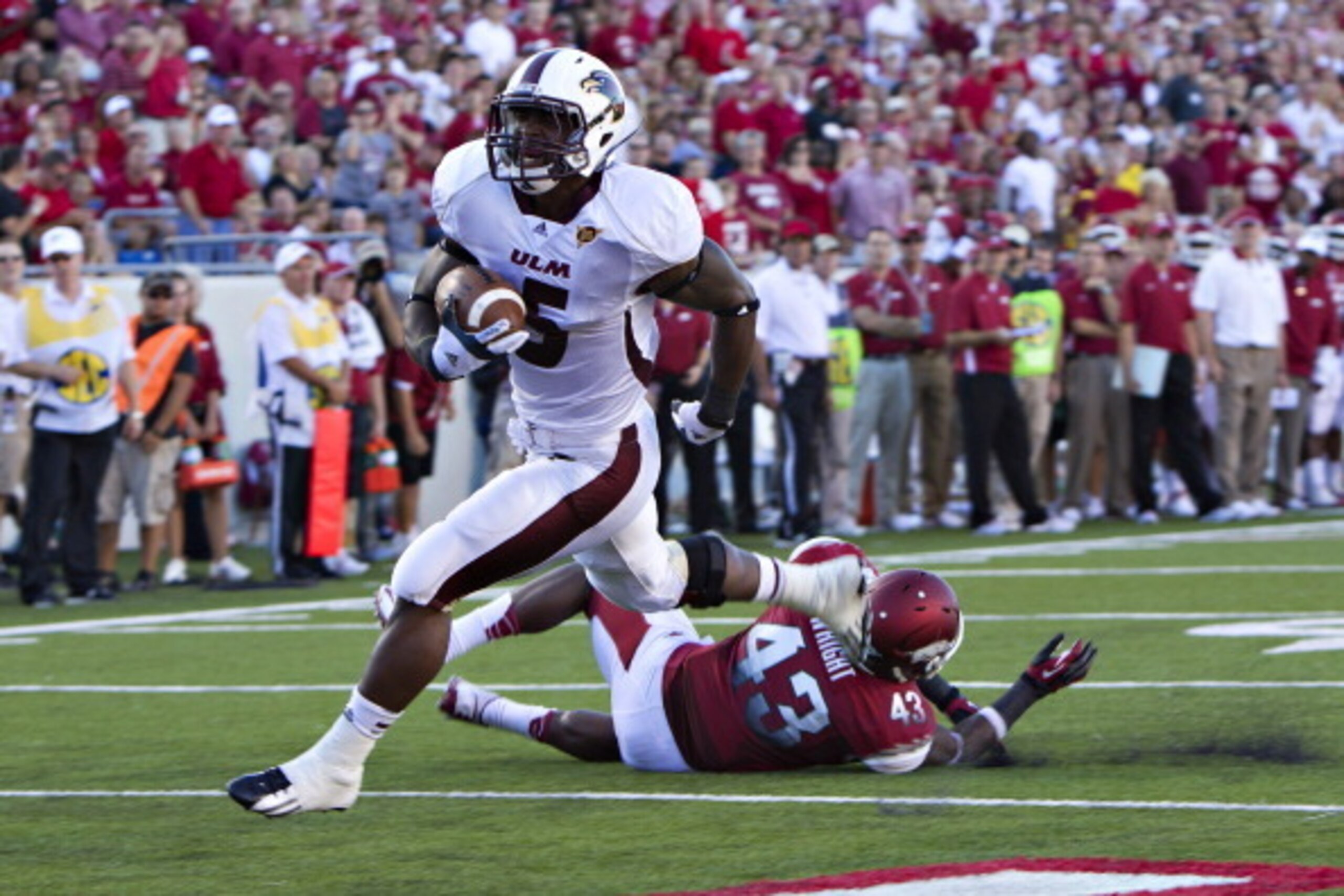 ULM running back Centarius Donald scored a touchdown against Arkansas in 2012. ULM running back Centarius Donald scored a touchdown against Arkansas in 2012.