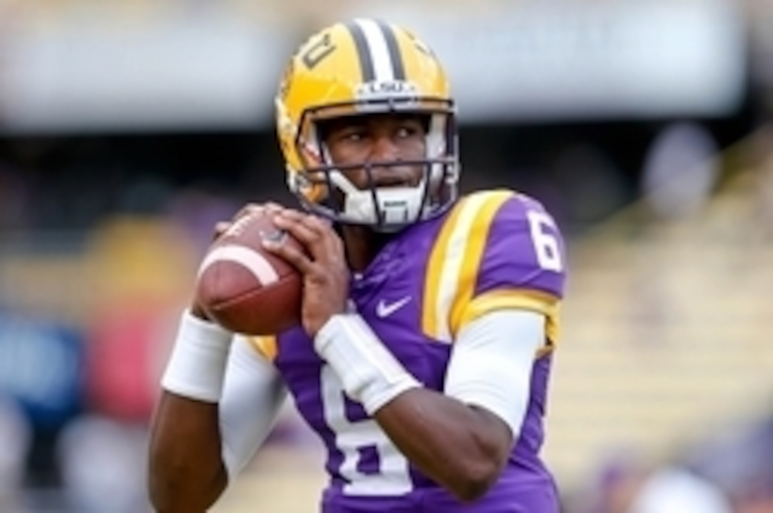 Sep 13, 2014; Baton Rouge, LA, USA; LSU Tigers quarterback Brandon Harris (6) prior to a game against the Louisiana Monroe Warhawks at Tiger Stadium. Mandatory Credit: Derick E. Hingle-USA TODAY Sports Sep 13, 2014; Baton Rouge, LA, USA; LSU Tigers quarterback Brandon Harris (6) prior to a game against the Louisiana Monroe Warhawks at Tiger Stadium. Mandatory Credit: Derick E. Hingle-USA TODAY Sports