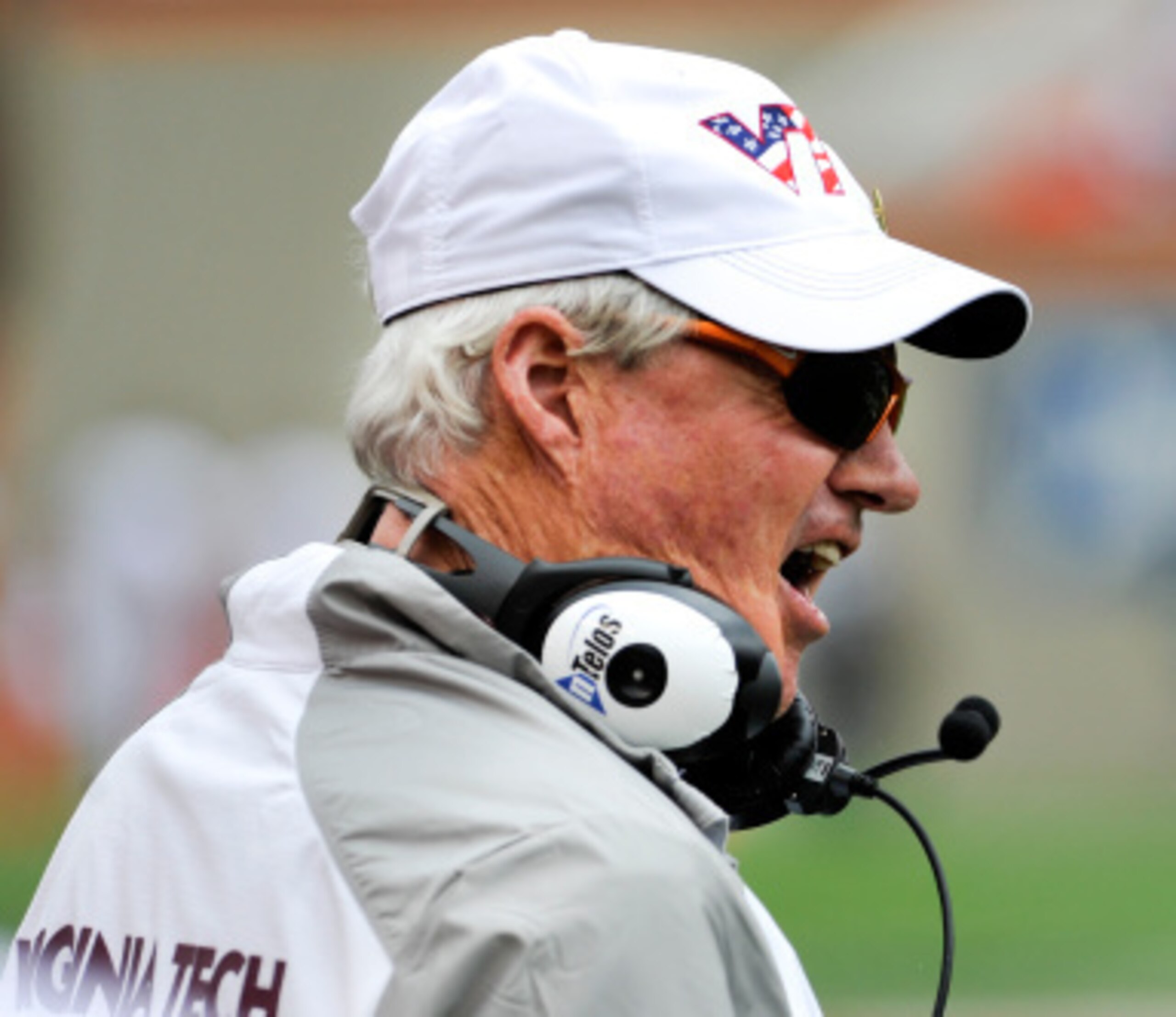 BLACKSBURG, VA - SEPTEMBER 13: Head coach Frank Beamer of the Virginia Tech Hokies reacts to a penalty call in the second half against the East Carolina Pirates at Lane Stadium on September 13, 2014 in Blacksburg, Virginia. East Carolina defeated Virginia