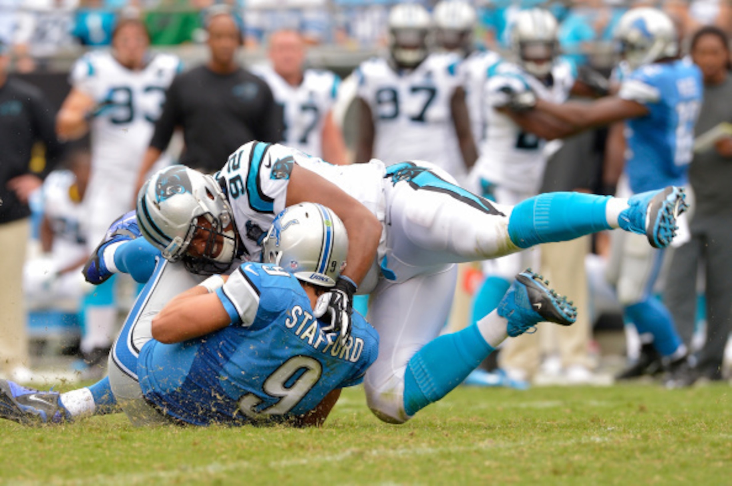 The Panthers' Dwan Edwards sacks Matthew Stafford.