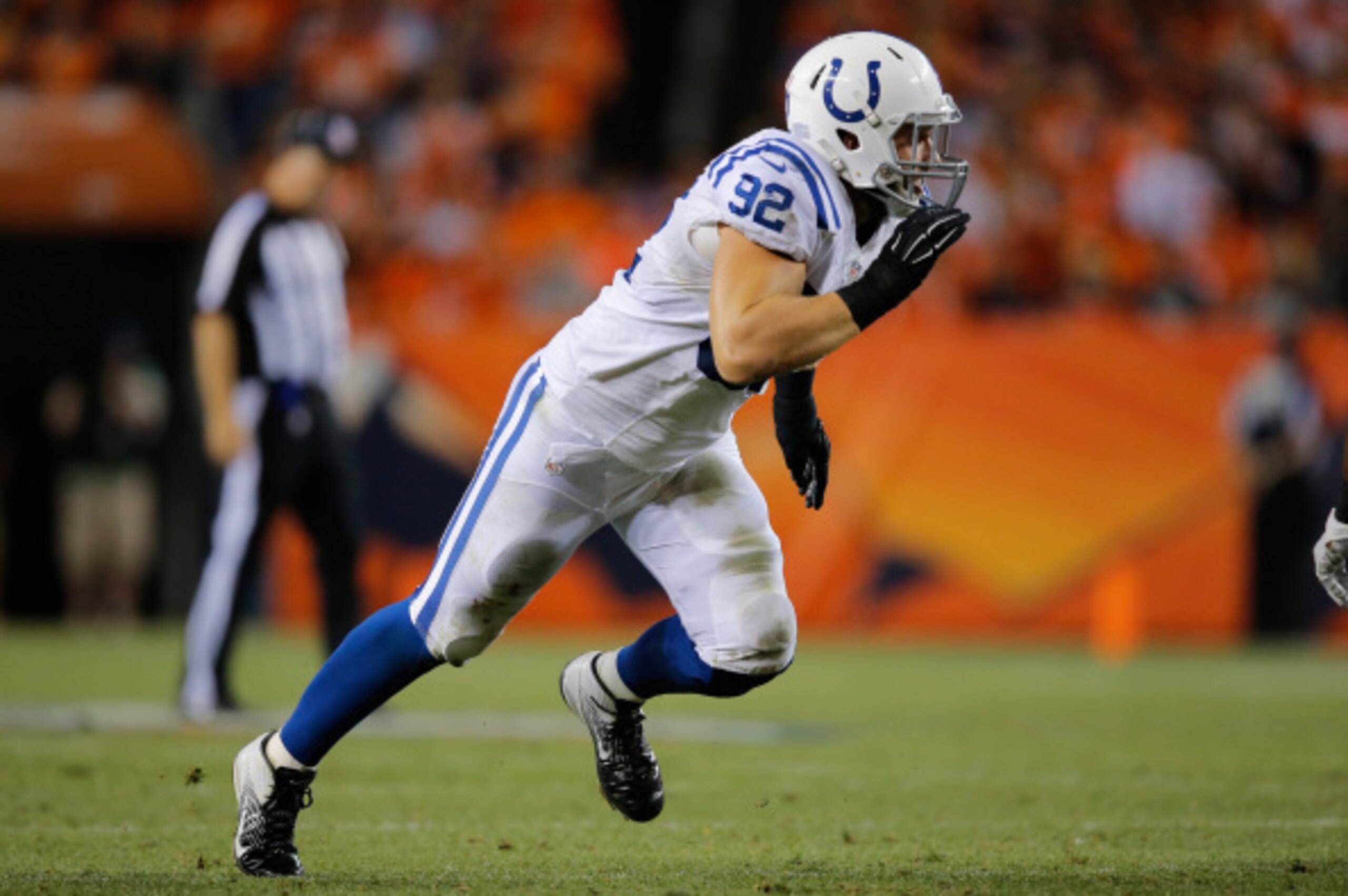 DENVER, CO - SEPTEMBER 07:  Outside linebacker Bjoern Werner #92 of the Indianapolis Colts rushes the line of scrimmage against the Denver Broncos at Sports Authority Field at Mile High on September 7, 2014 in Denver, Colorado. The Broncos defeated the Co