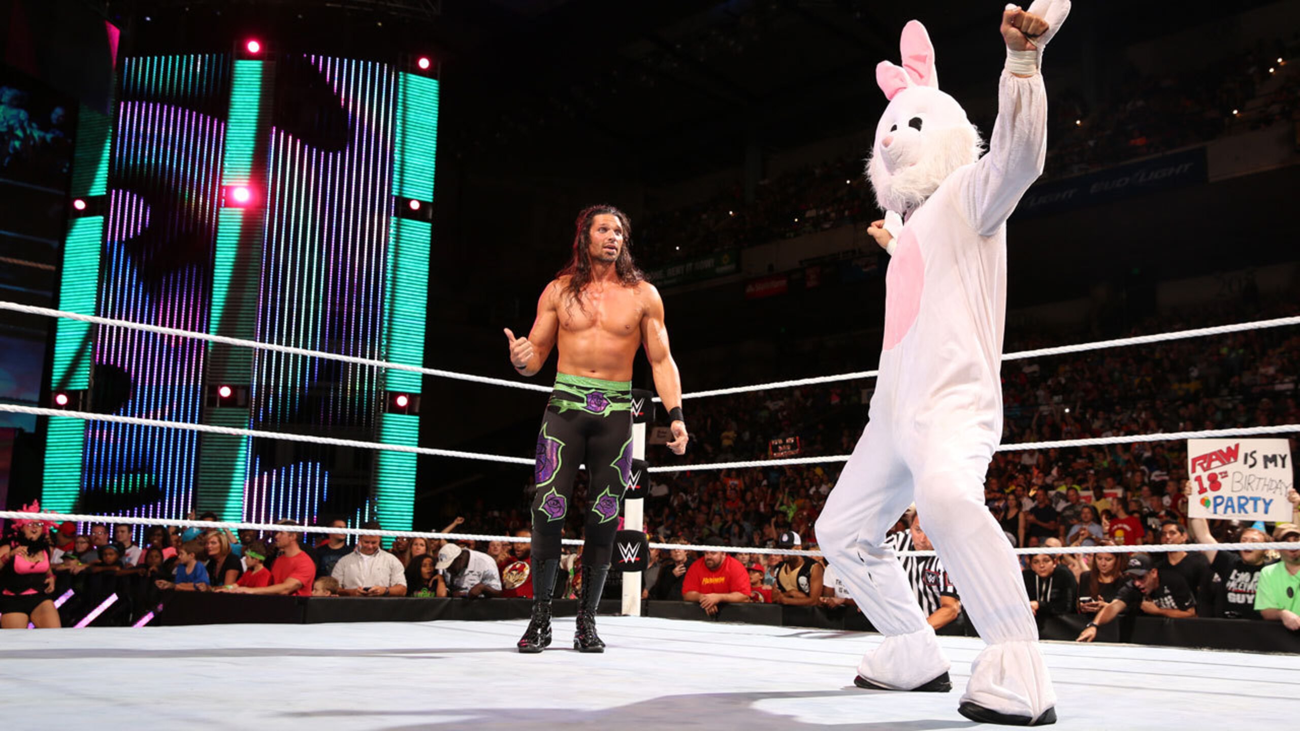 Adam Rose and The Bunny celebrate in the ring.
