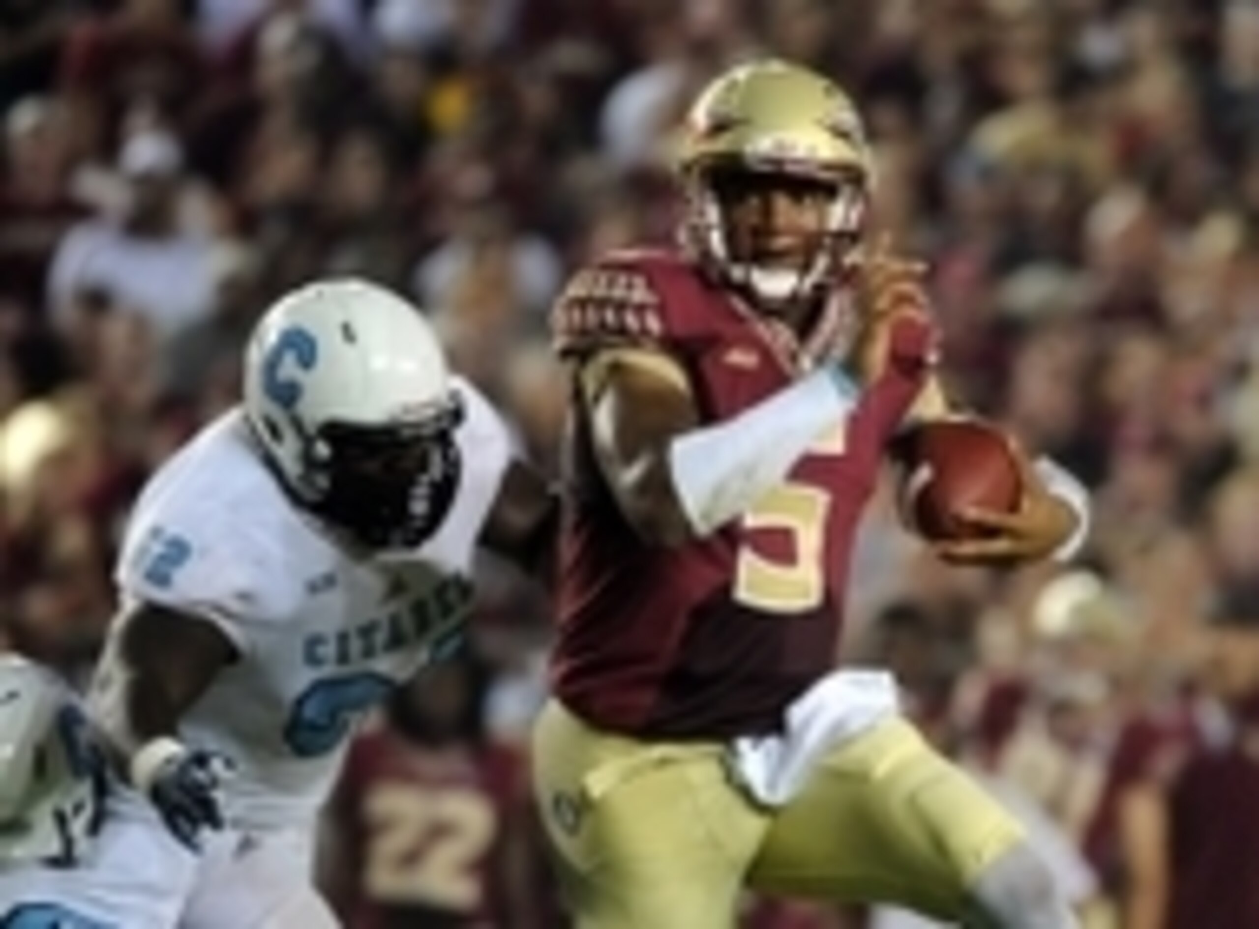 Sep 6, 2014; Tallahassee, FL, USA; Florida State Seminoles quarterback Jameis Winston (5) scrambles away from Citadel Bulldogs defensive lineman Mitchell Jeter (62) during the first half at Doak Campbell Stadium. Mandatory Credit: Melina Vastola-USA TODAY Sep 6, 2014; Tallahassee, FL, USA; Florida State Seminoles quarterback Jameis Winston (5) scrambles away from Citadel Bulldogs defensive lineman Mitchell Jeter (62) during the first half at Doak Campbell Stadium. Mandatory Credit: Melina Vastola-USA TODAY