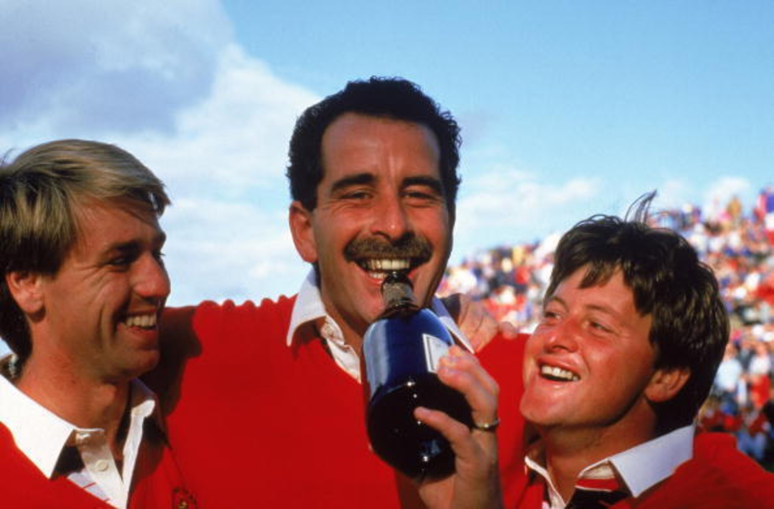 Paul Way, Sam Torrance and Ian Woosnam celebrate in 1985.