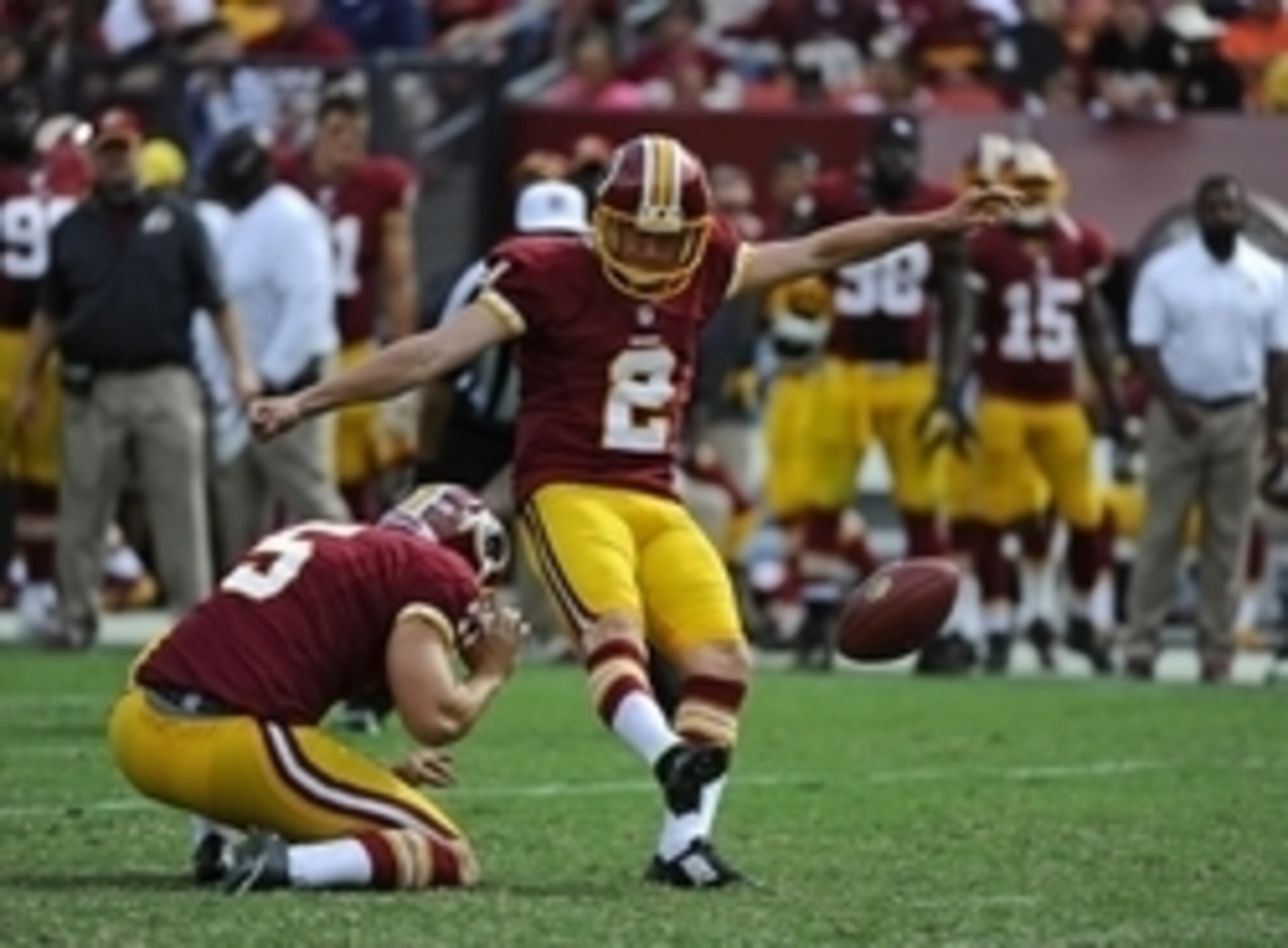 Sep 14, 2014; Landover, MD, USA; Washington Redskins place kicker Kai Forbath (2) kicks a field goal against the Jacksonville Jaguars during the second half at FedEx Field. Mandatory Credit: Brad Mills-USA TODAY Sports
