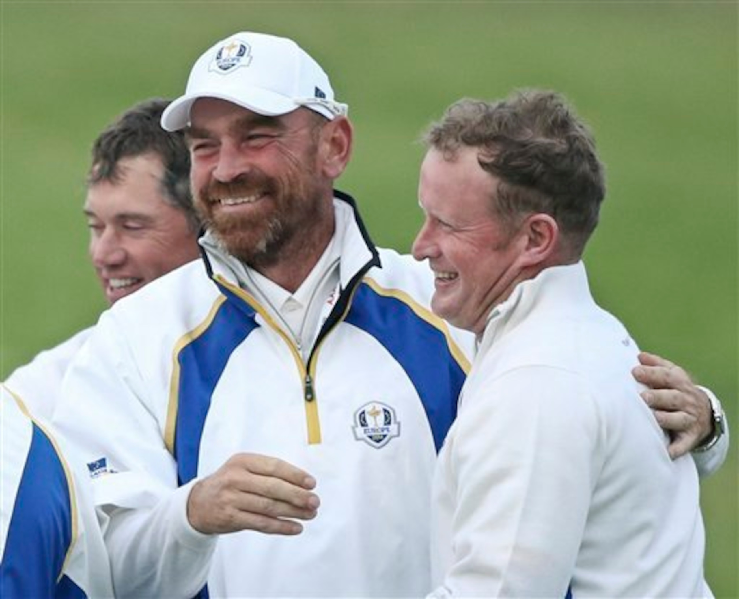 Thomas Bjorn celebrates following Europe's big win.