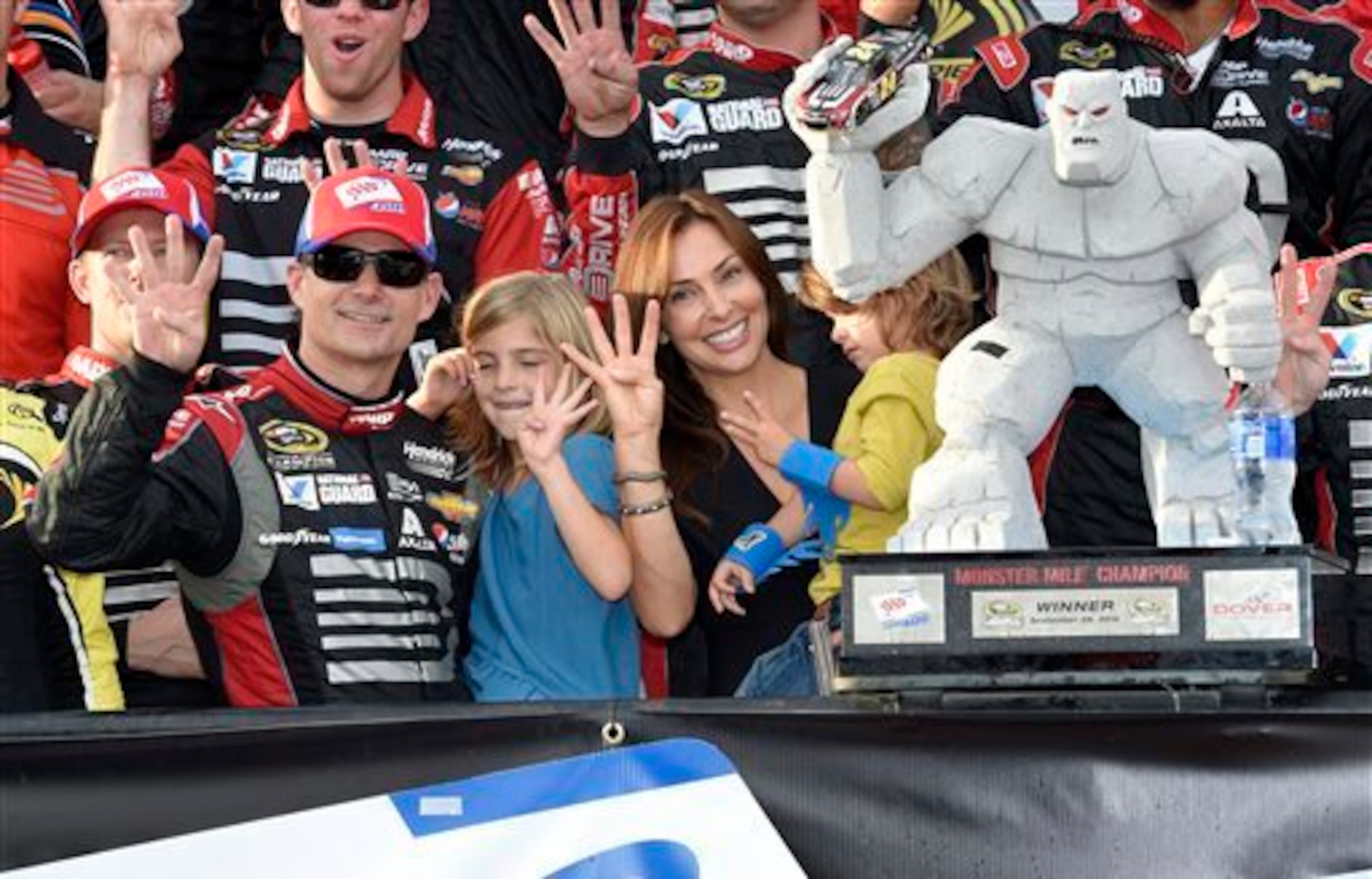 Jeff Gordon and family struck a winning pose with Miles the Monster after Dover. Jeff Gordon and family struck a winning pose with Miles the Monster after Dover.