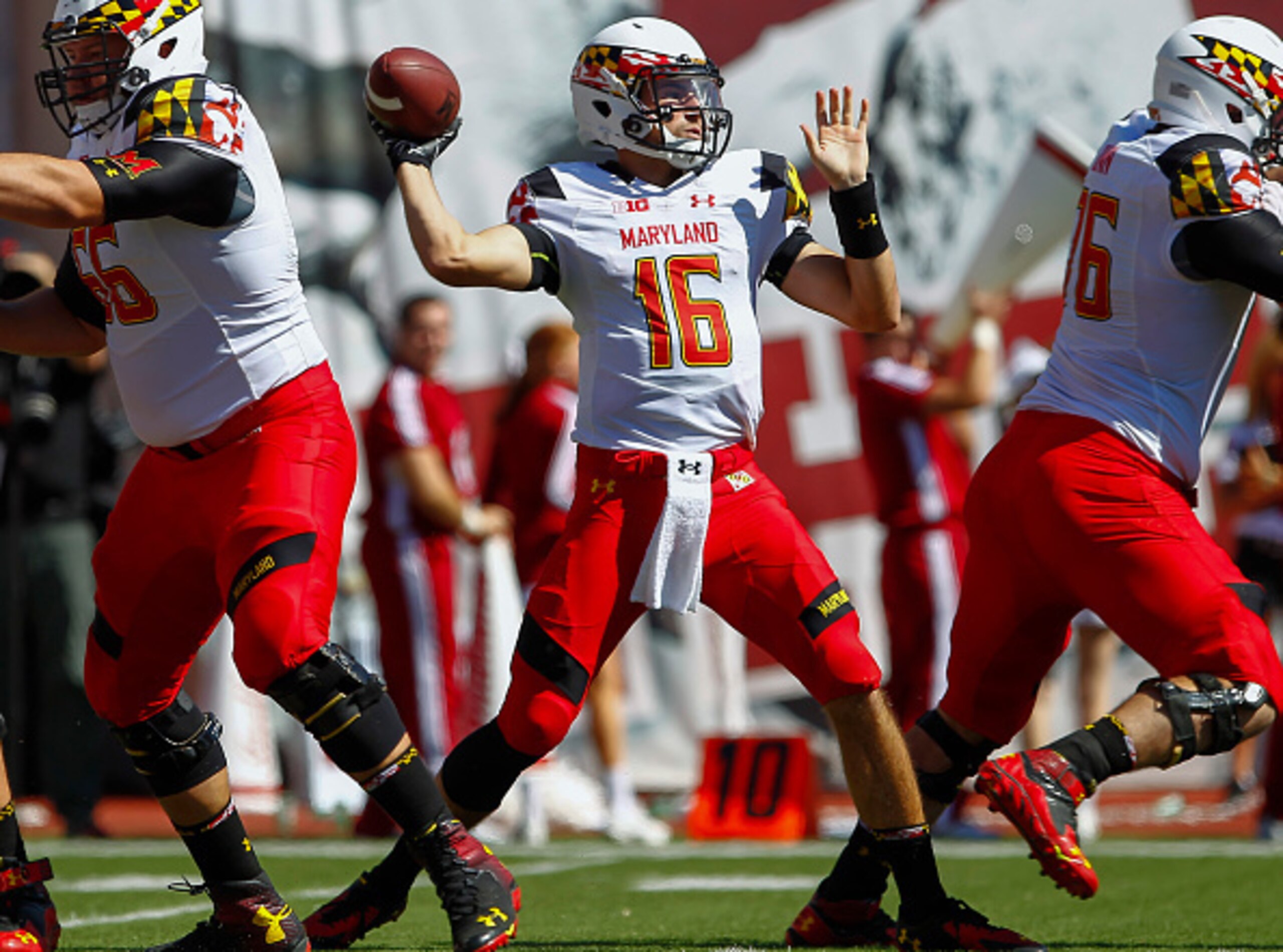 BLOOMINGTON, IN - SEPTEMBER 27: C.J. Brown #16 of the Maryland Terrapins passes the ball against the Indiana Hoosiers at Memorial Stadium on September 27, 2014 in Bloomington, Indiana. Maryland defeated Indiana 37-15. (Photo by Michael Hickey/Getty Images