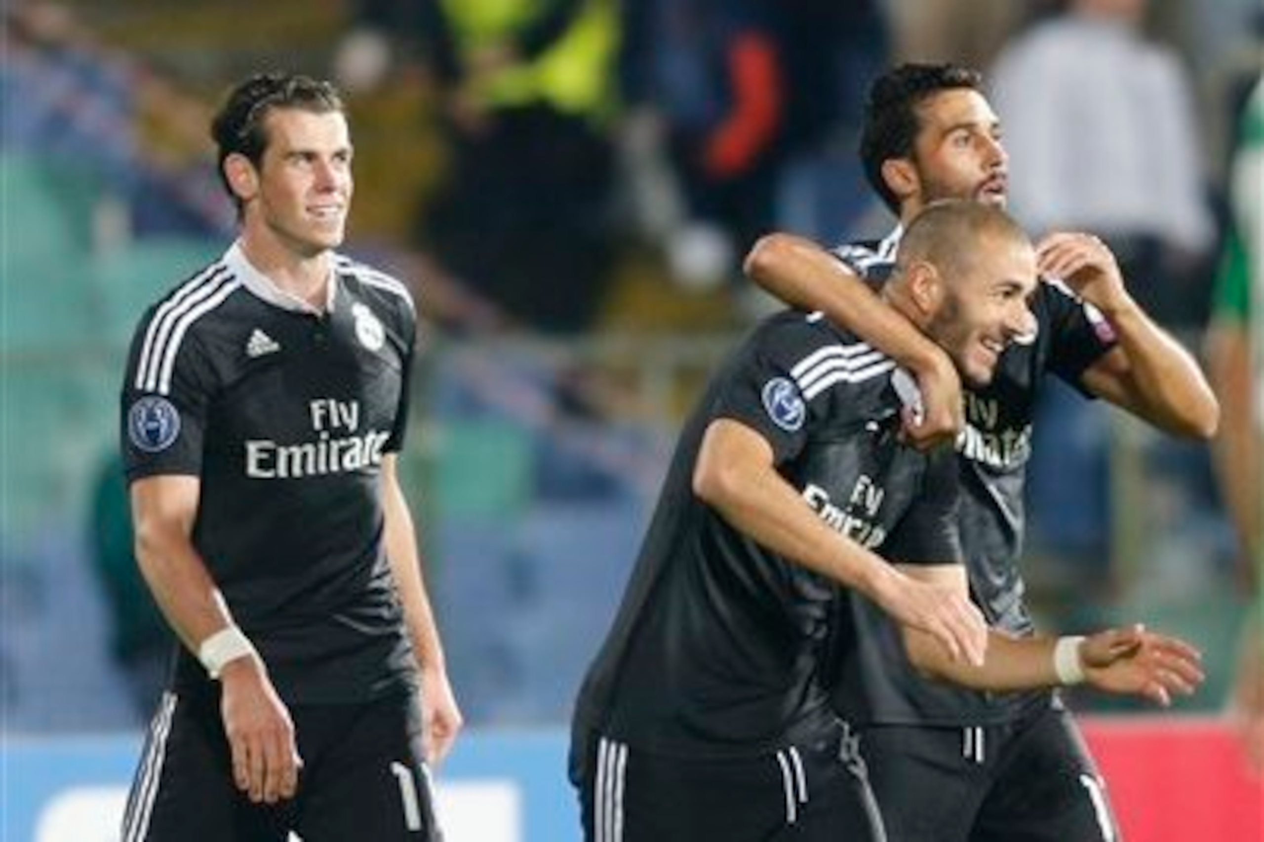 Karim Benzema is congratulated by his team-mates after scoring Real Madrid's winner against Ludogorets.