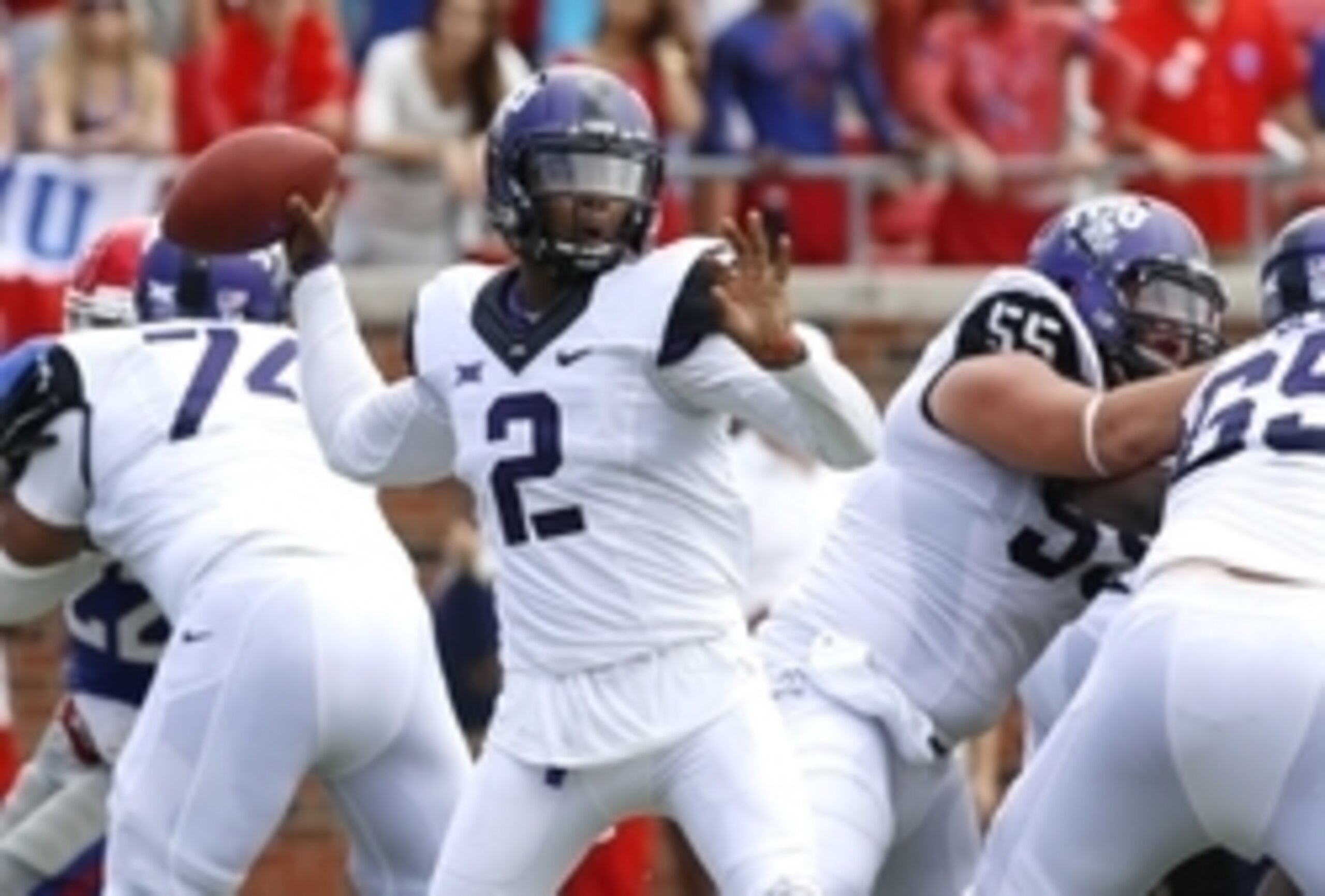Sep 27, 2014; Dallas, TX, USA; TCU Horned Frogs quarterback Trevone Boykin (2) throws the ball in the second quarter against the Southern Methodist Mustangs at Gerald J. Ford Stadium. Mandatory Credit: Tim Heitman-USA TODAY Sports