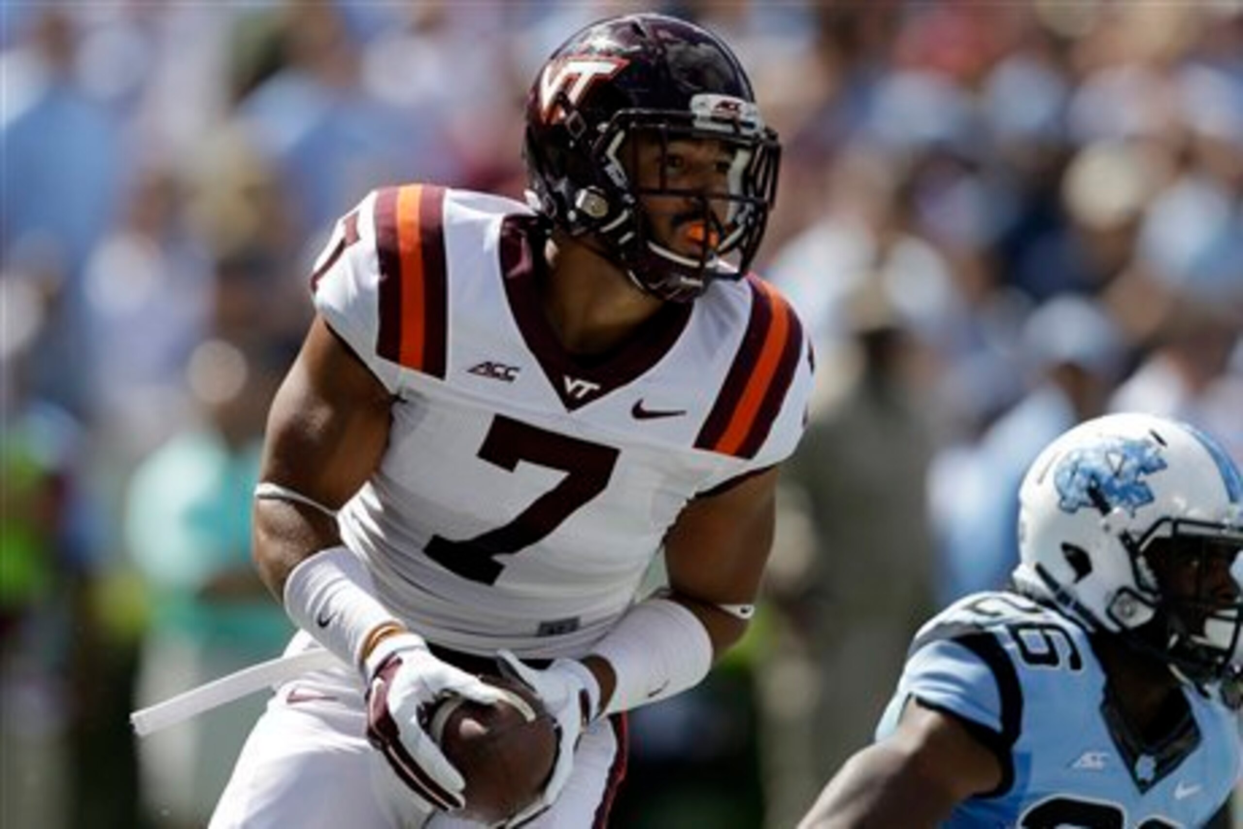Virginia Tech tight end Bucky Hodges after a score last week vs. North Carolina