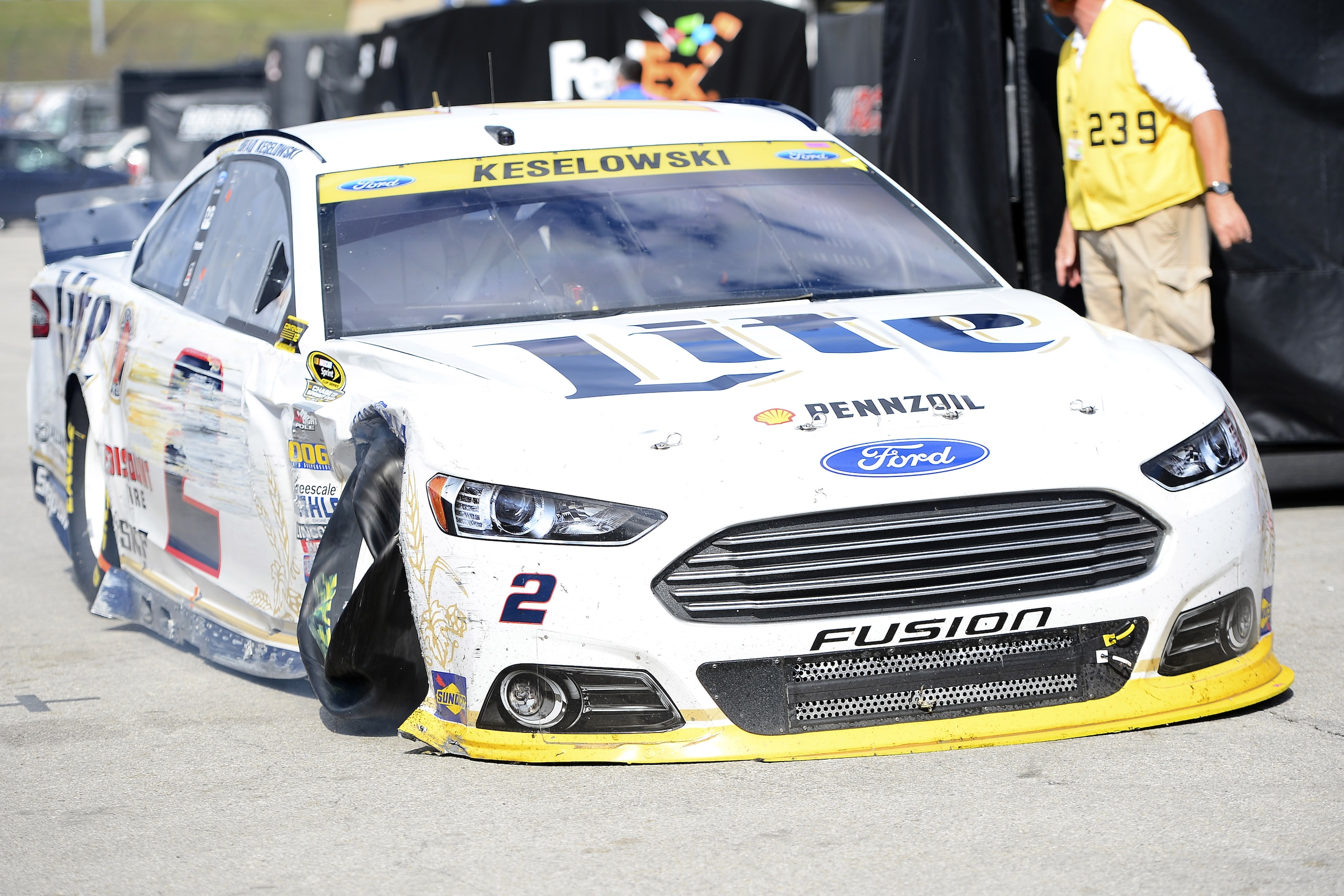 Brad Keselowski's damaged Ford Fusion at Kansas Speedway Brad Keselowski's damaged Ford Fusion at Kansas Speedway