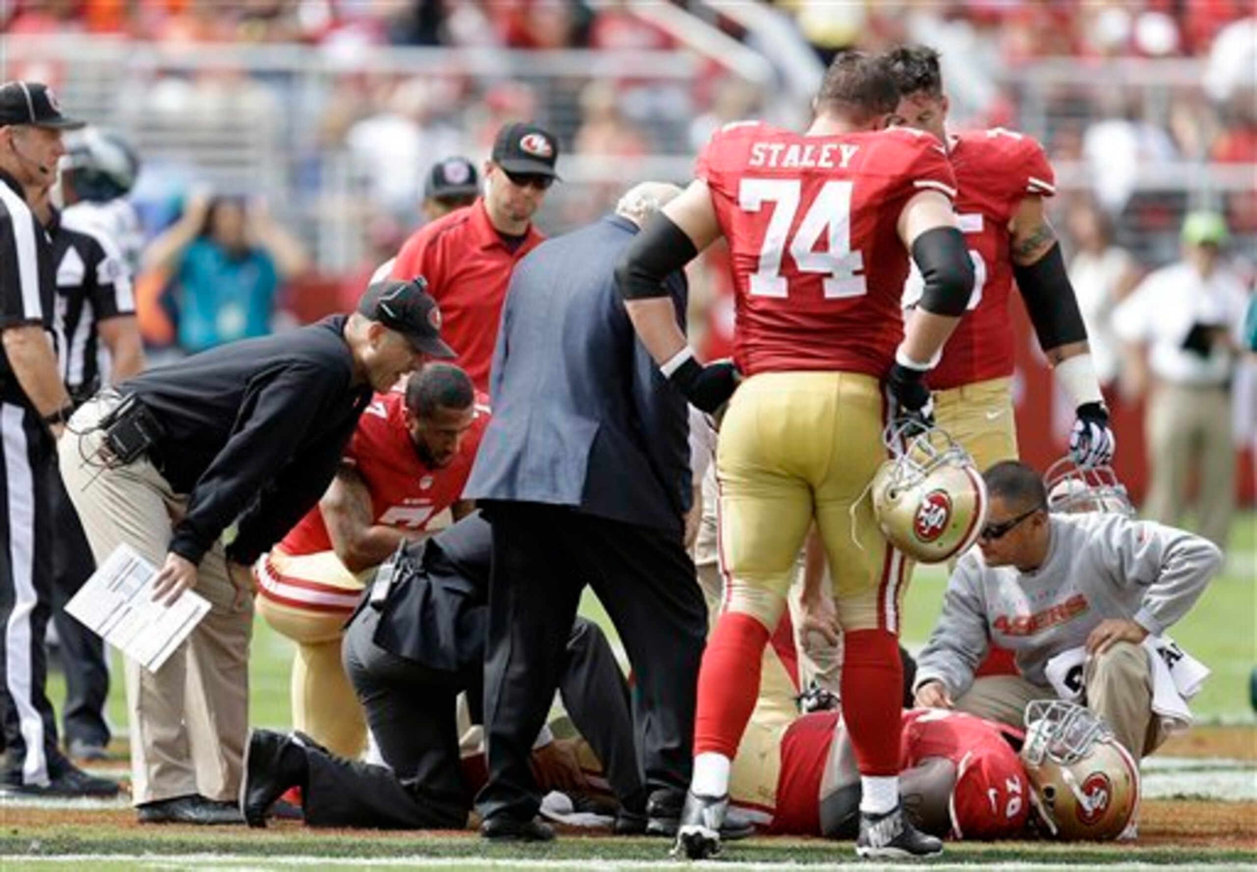Injuries, like this one to RT Anthony Davis, continue to hinder the 49ers in 2014.