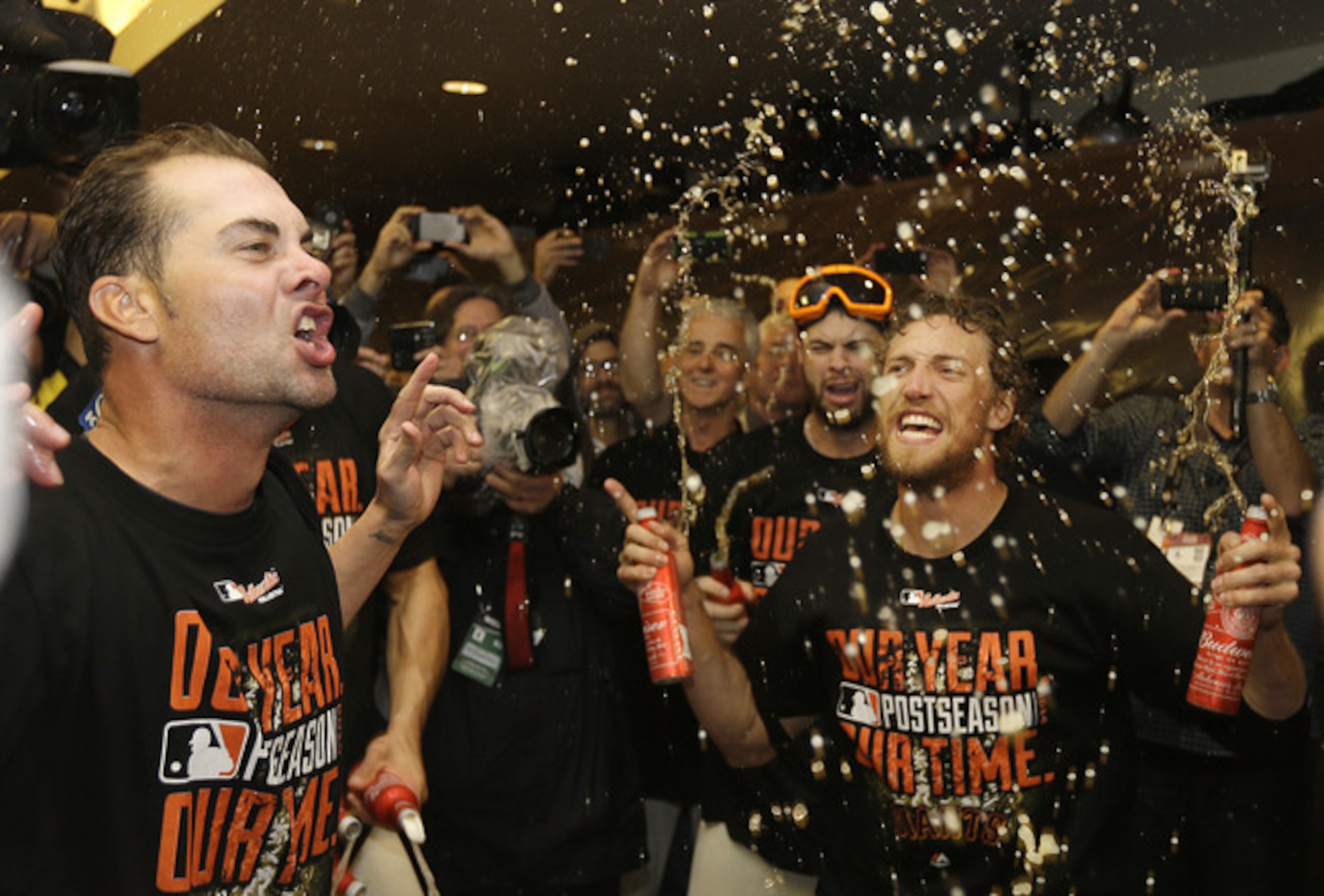 Ryan Vogelsong leads the "yes, yes, yes" chant that has become the Giants' rallying cry.