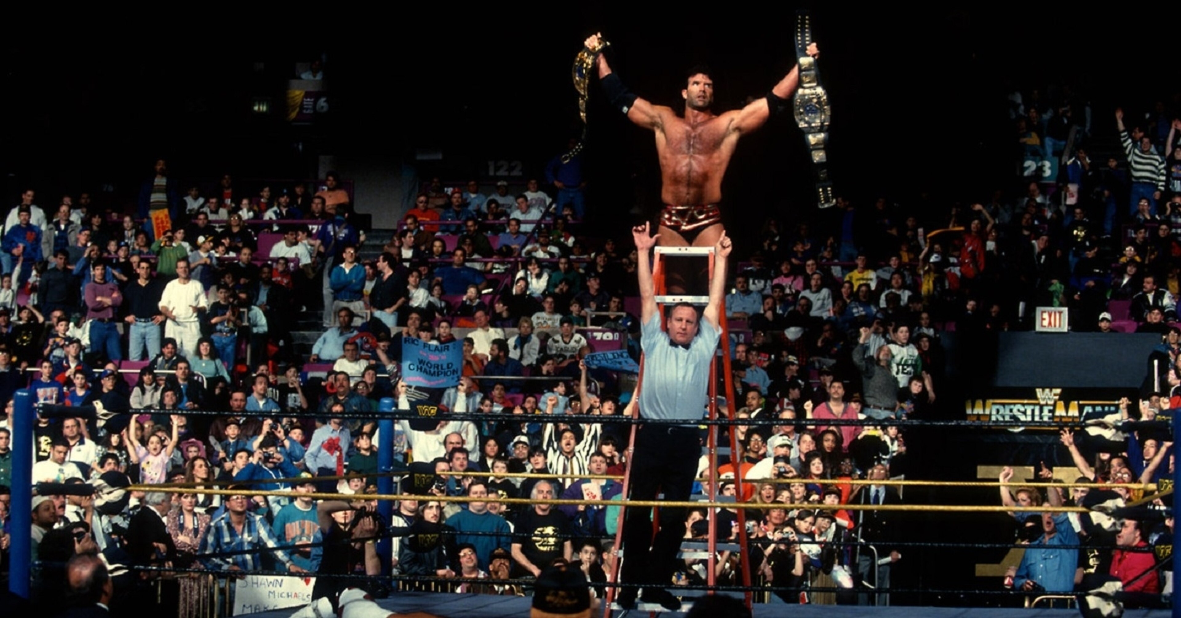 Razor Ramon celebrates his WrestleMania win. Razor Ramon celebrates his WrestleMania win.