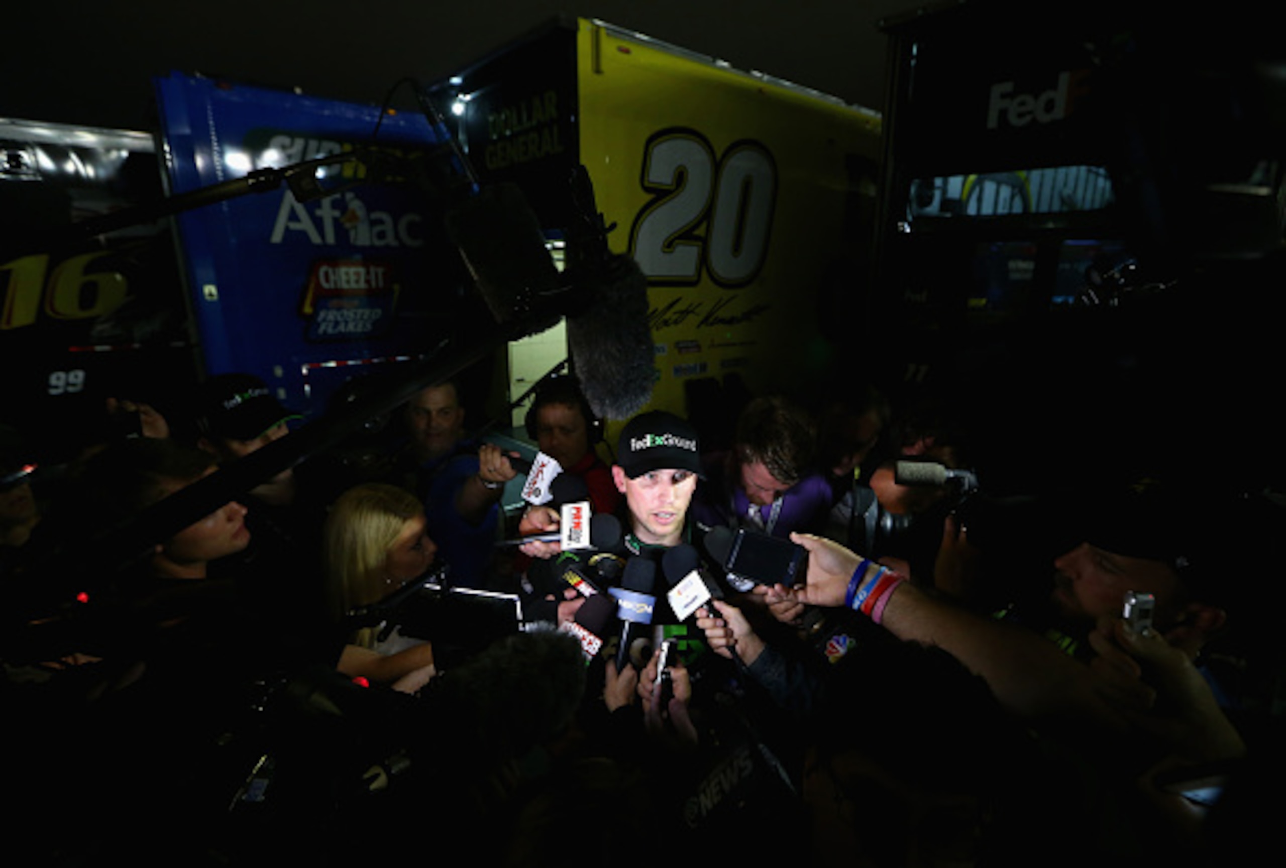 Denny Hamlin talks to the media following the Bank of America 500 Denny Hamlin talks to the media following the Bank of America 500