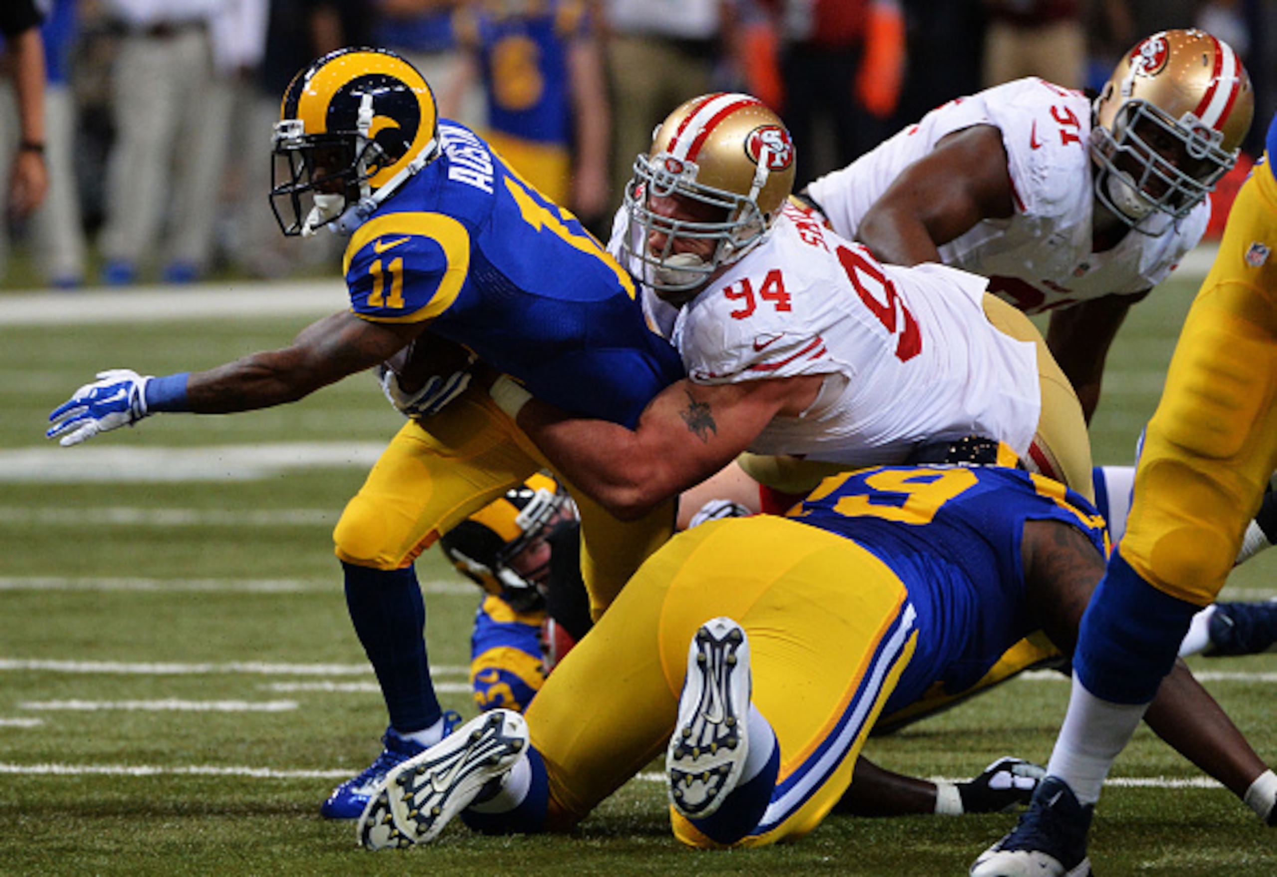 Justin Smith and the D-line helped create much more pressure on St. Louis' offense.