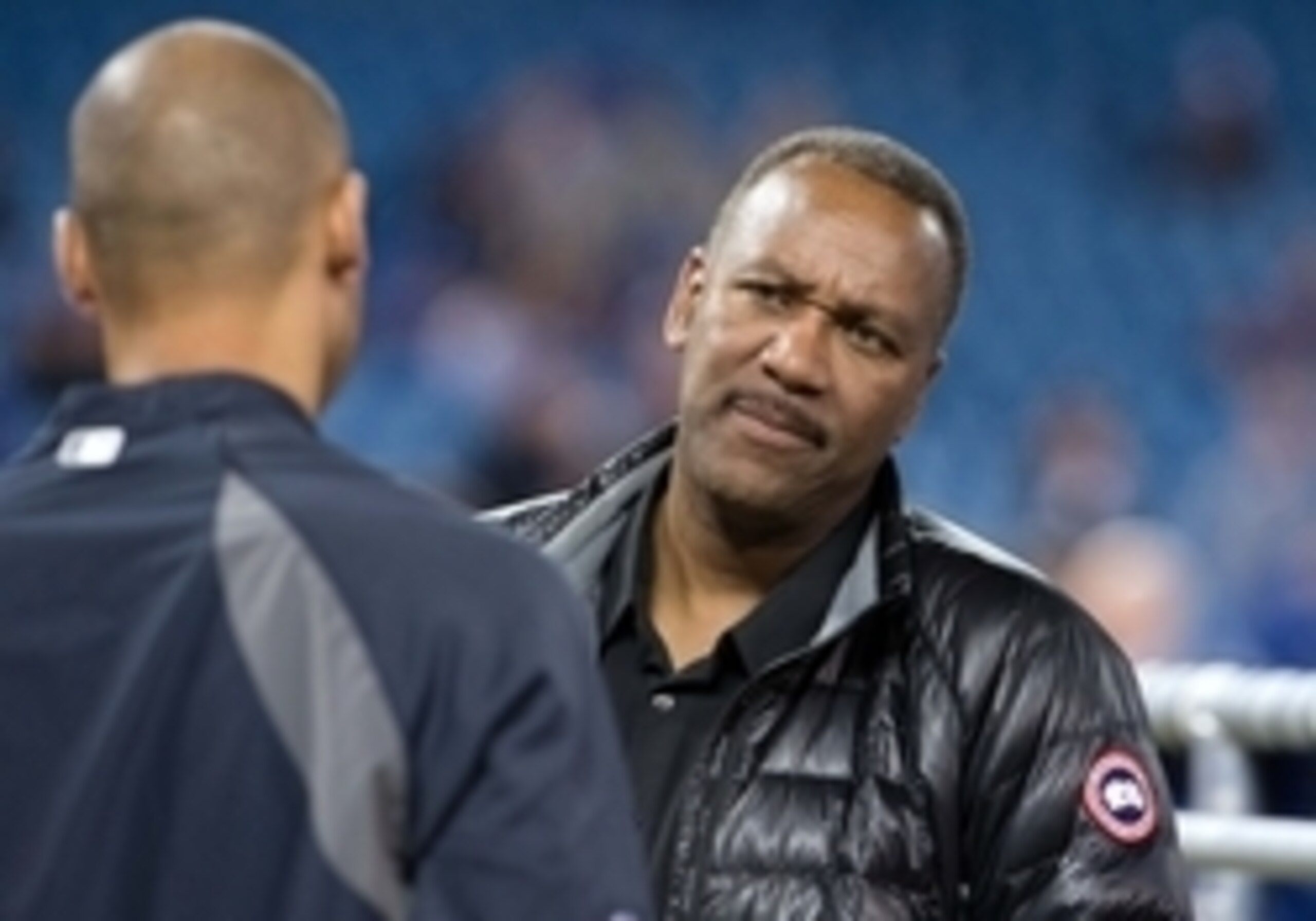 Apr 4, 2014; Toronto, Ontario, CAN;  Toronto Blue Jays former player Joe Carter talks with New York Yankees shortstop Derek Jeter (2) before the game at Rogers Centre. Mandatory Credit: Nick Turchiaro-USA TODAY Sports