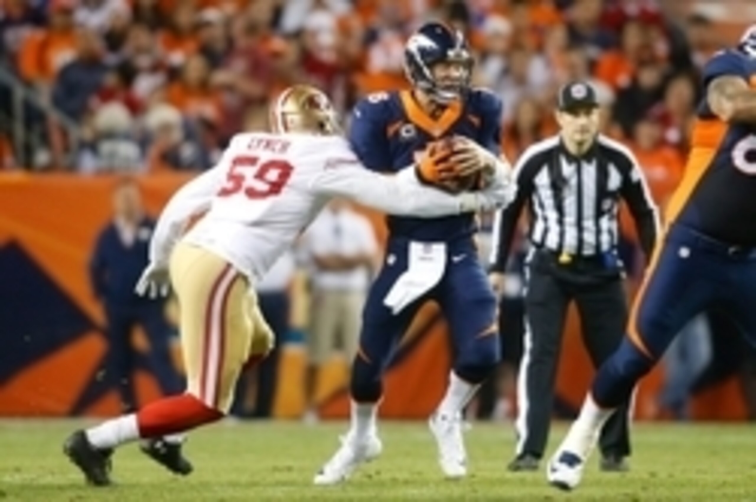 Rookie Aaron Lynch was able to pick up his first sack of 2014.