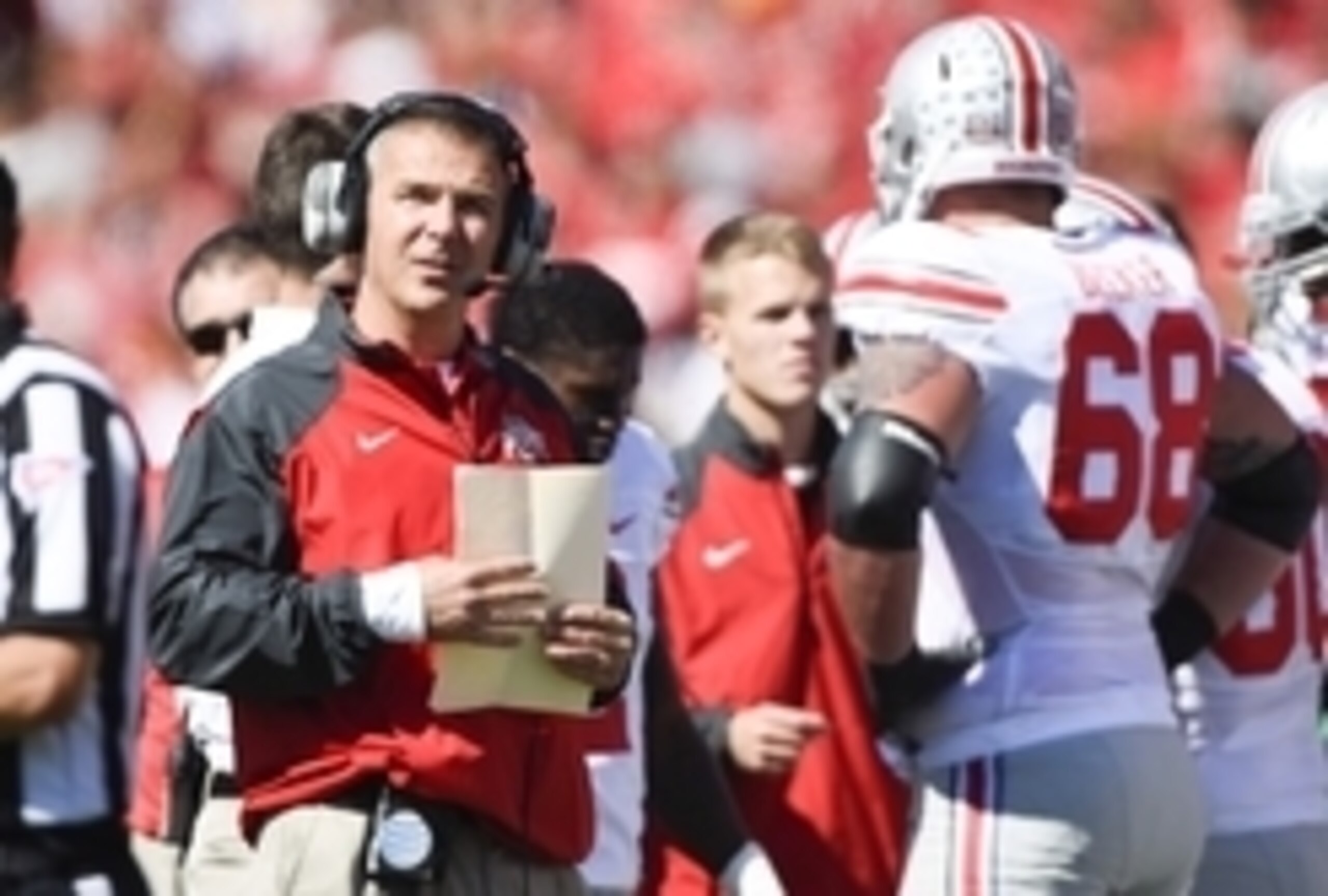Oct 4, 2014; College Park, MD, USA; Ohio State Buckeyes head coach Urban Meyer stands on the sideline during a time out in the second quarter against the Maryland Terrapins at Byrd Stadium. Mandatory Credit: Tommy Gilligan-USA TODAY Sports