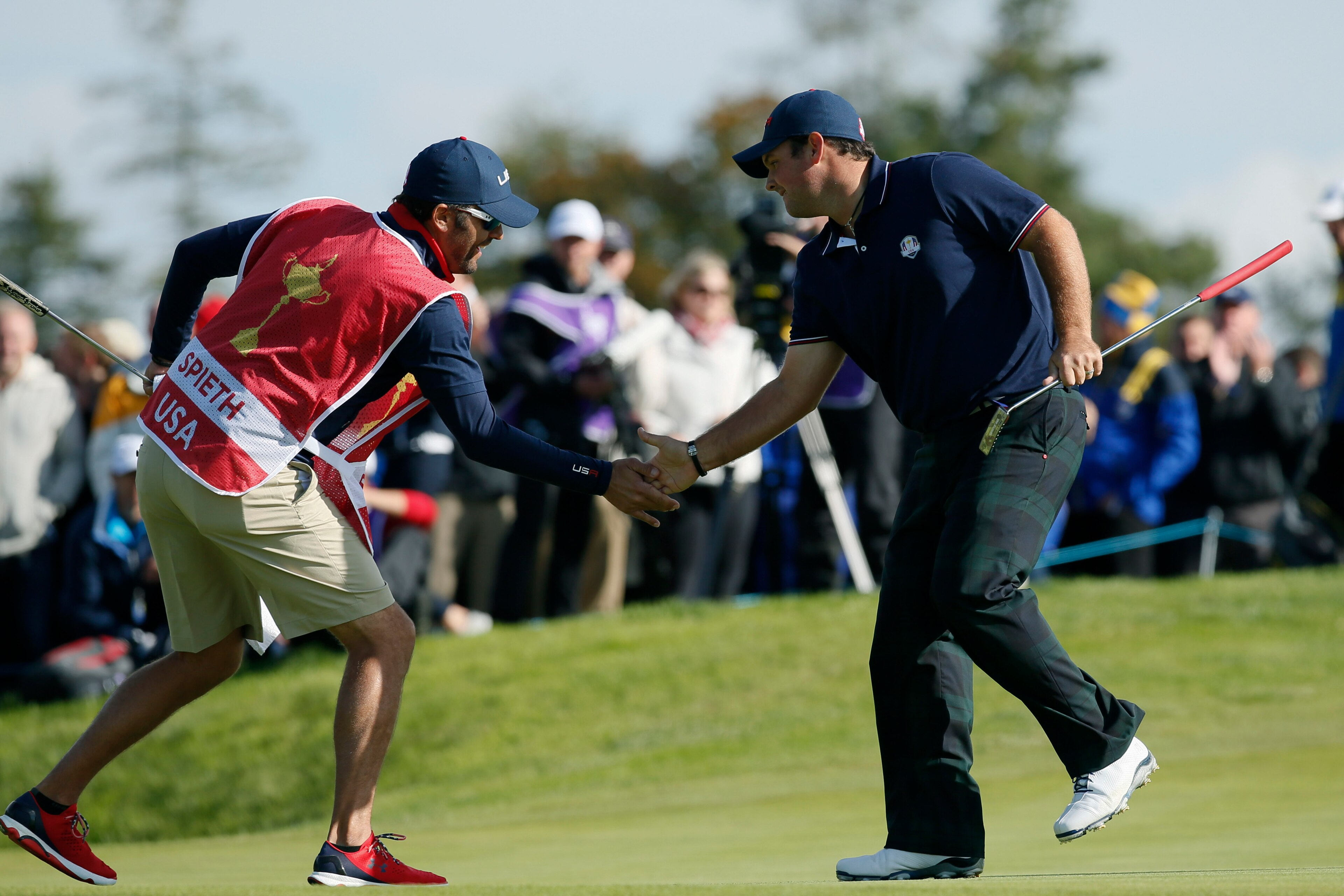Jordan Spieth celebrates a Ryder Cup moment.