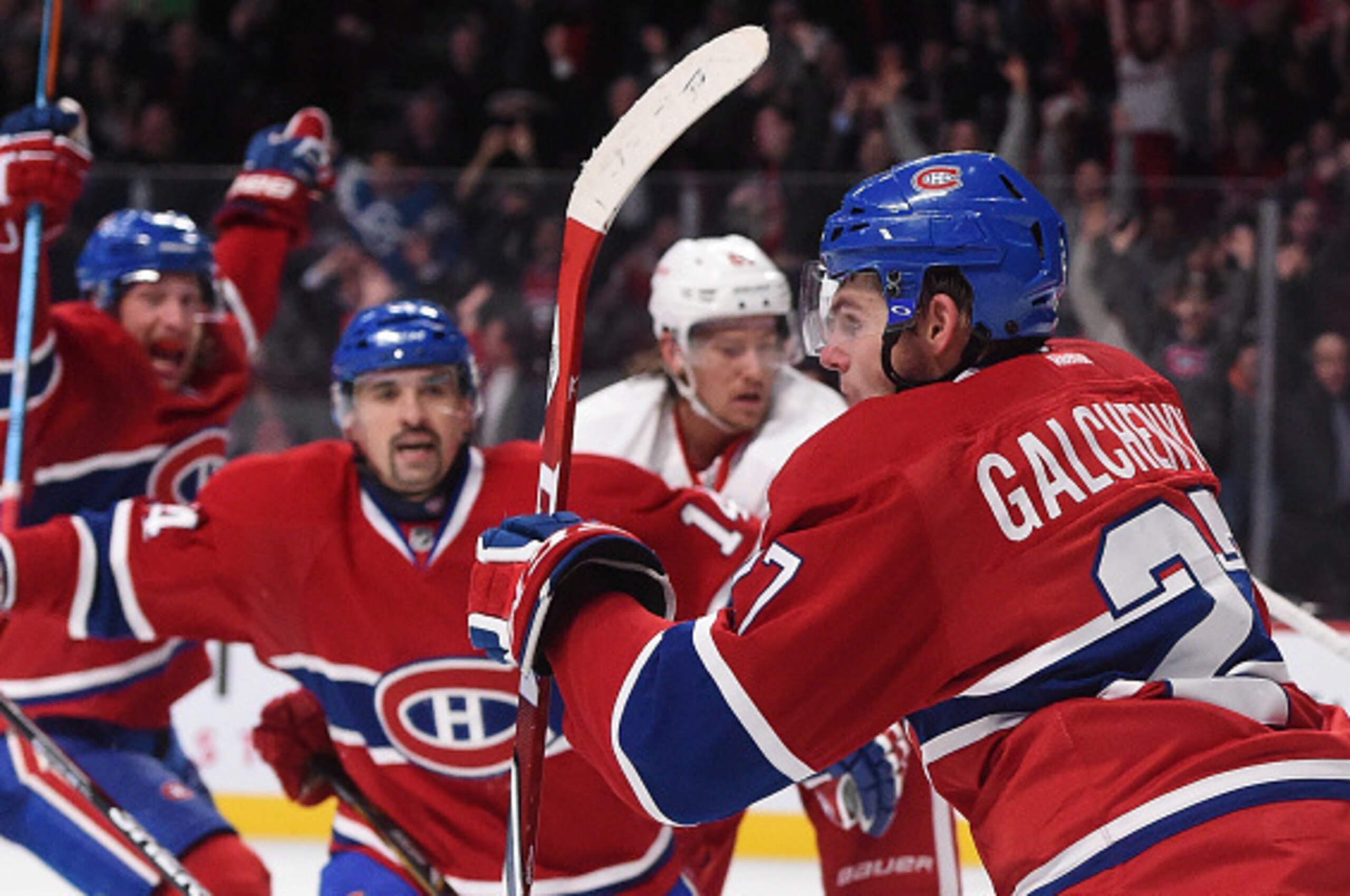 Alex Galchenyuk (right) celebrates a goal.