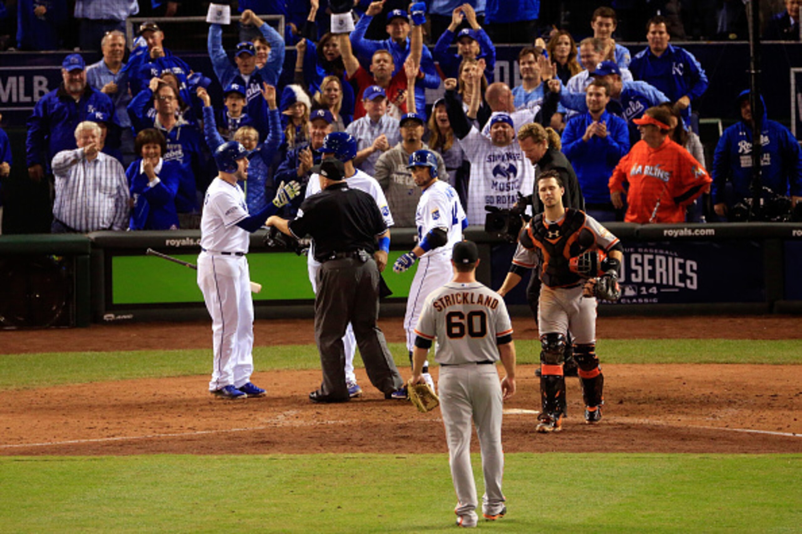 The Royals tied up the World Series by getting to Hunter Strickland, whose reaction to Omar Infante's homer led to benches clearing.