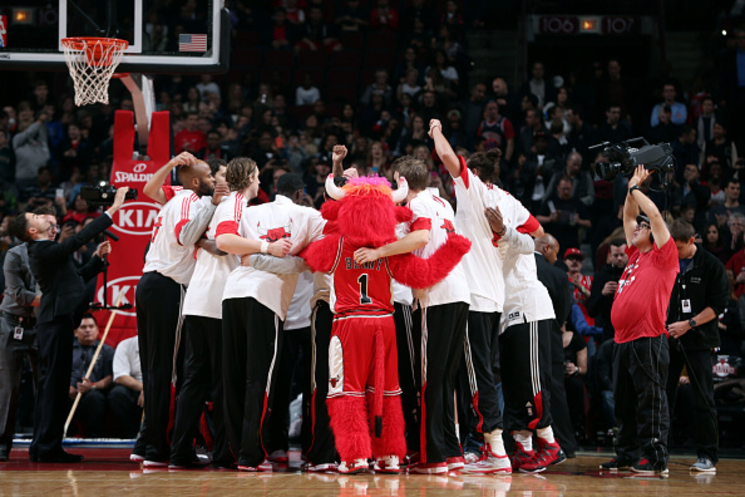 The Chicago Bulls huddle up before a game.