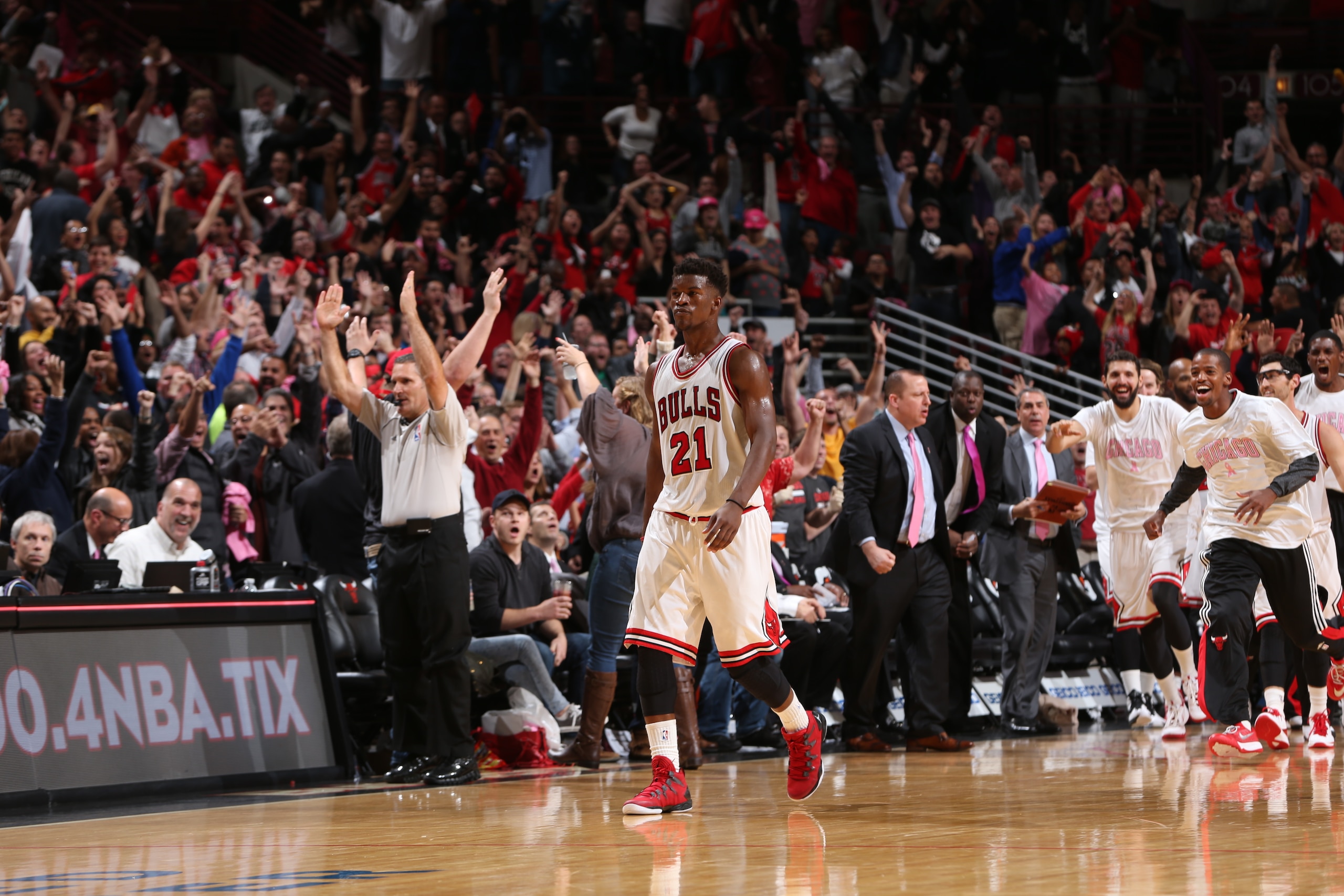 Jimmy Butler turns away after hitting a game-winning shot.