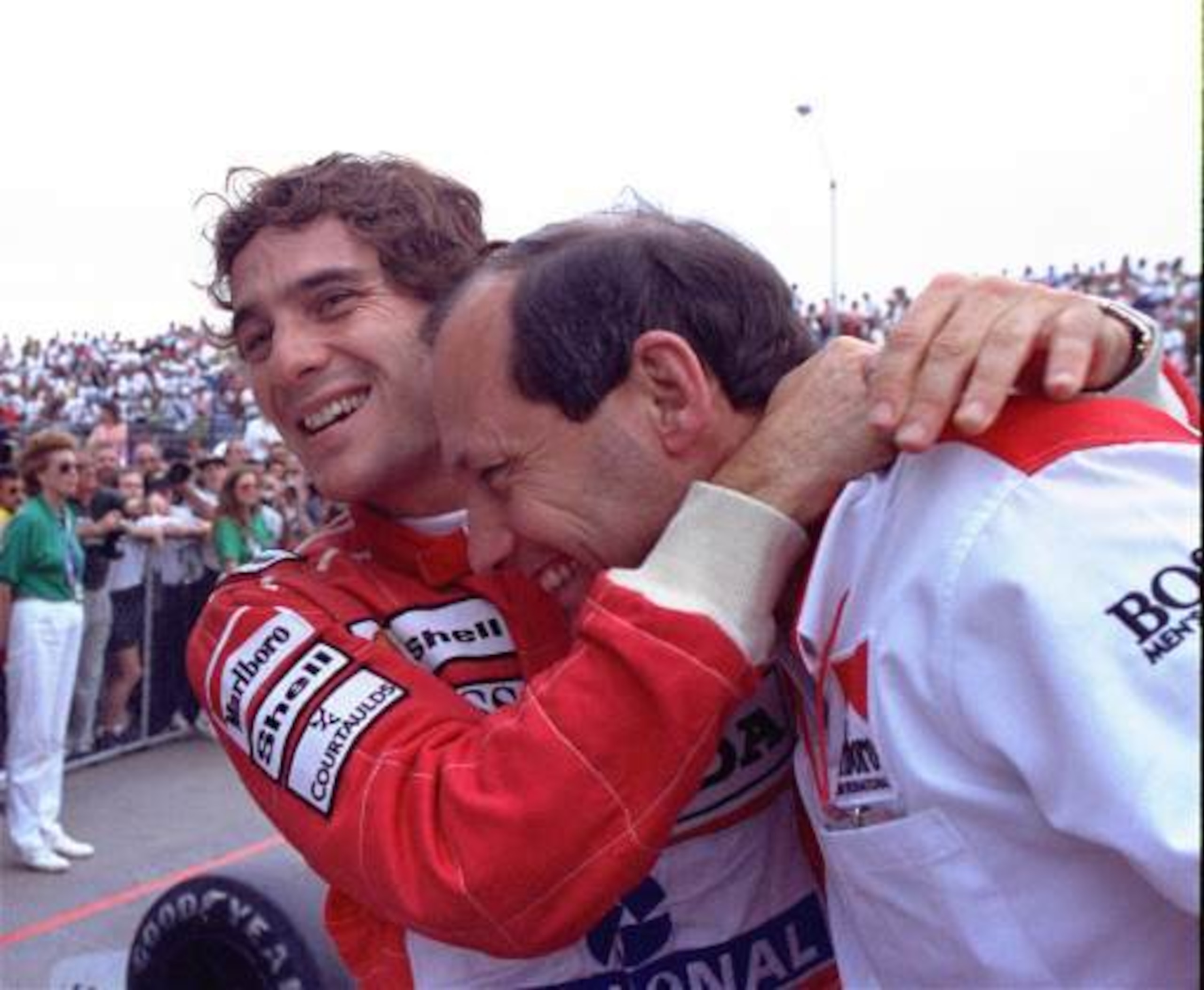 Ayrton Senna and Ron Dennis celebrate the Brazilian's win in Phoenix in 1991.