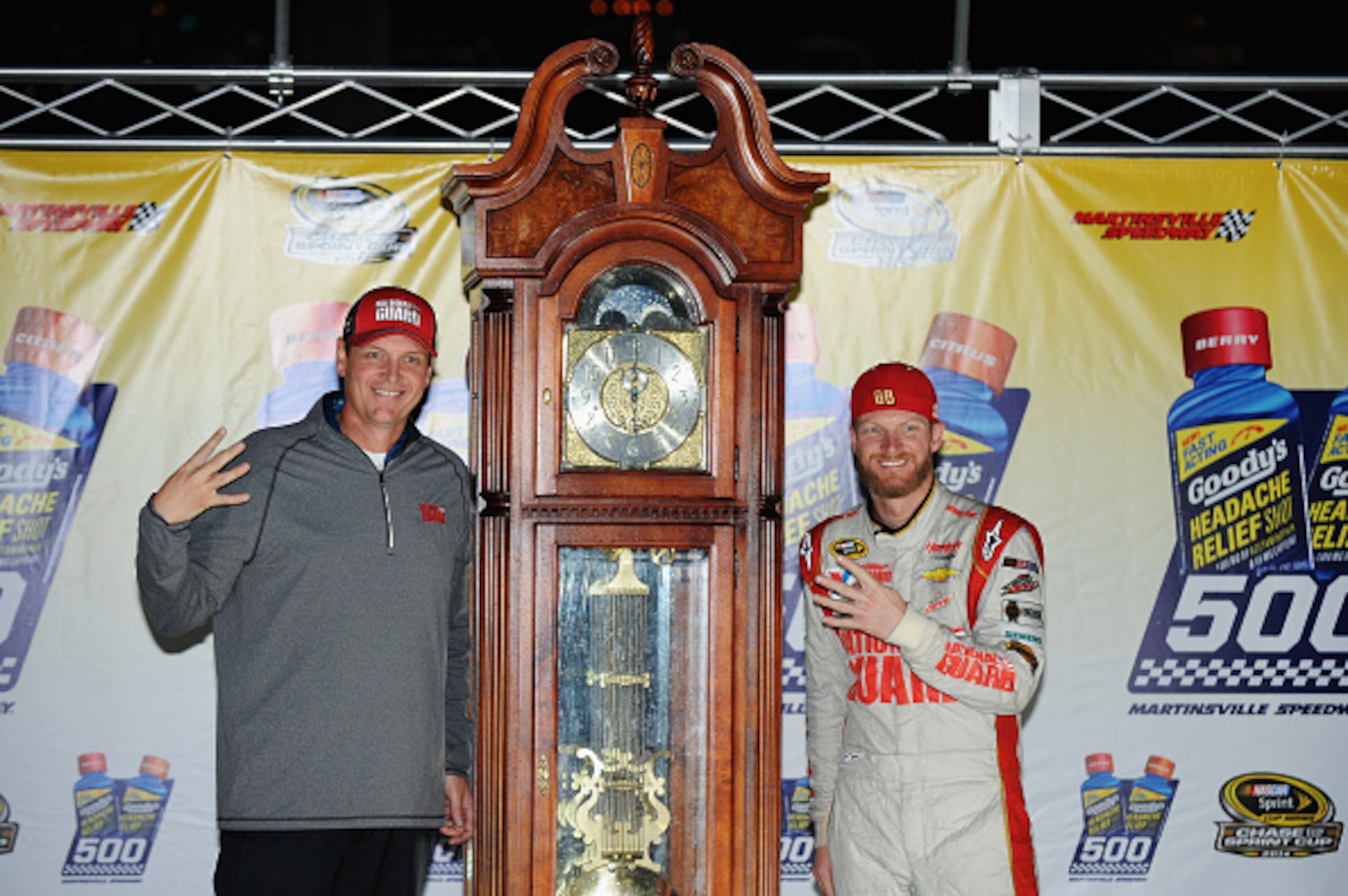 Dale Earnhardt Jr. (right), with crew chief Steve Letarte, has long wanted a Martinsville grandfather clock.