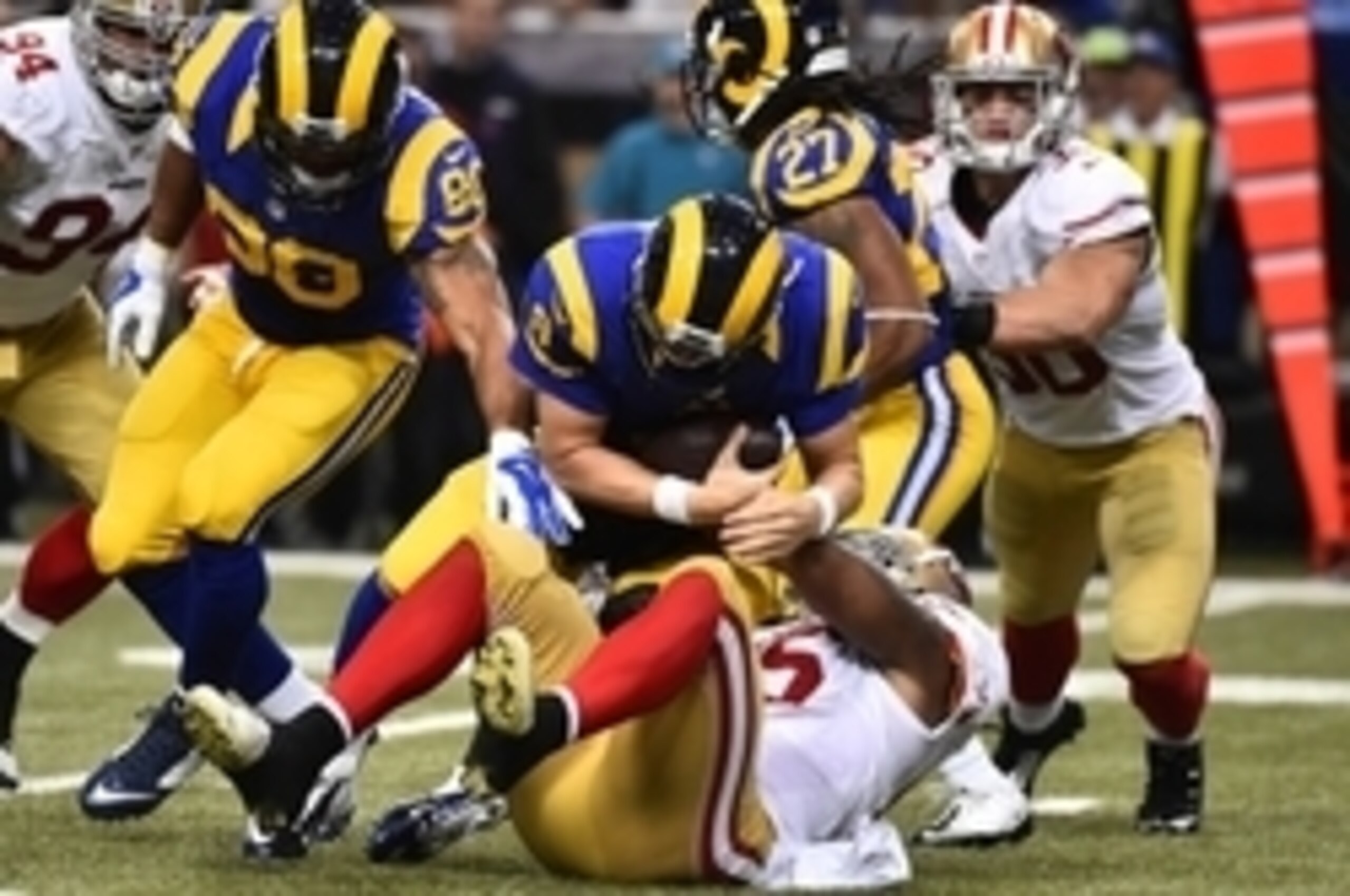 With outside 'backer Ahmad Brooks (No. 55) and the 49ers defense leading the charge, the Rams will score nary a point in this NFC West rematch.