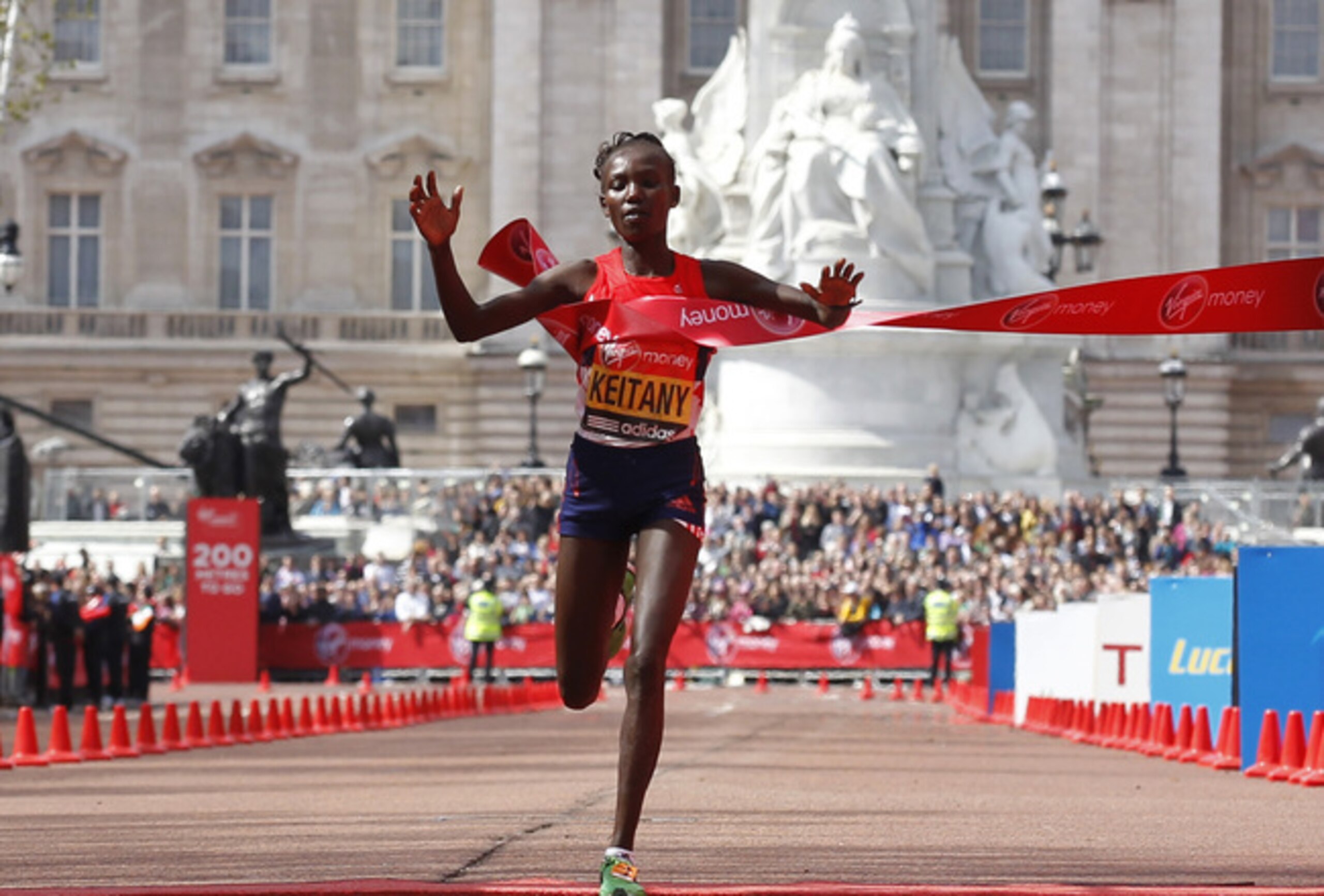 Mary Keitany taking the tape at the London Marathon 2012 Mary Keitany taking the tape at the London Marathon 2012